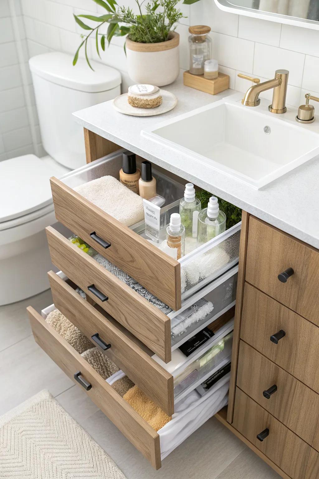 Stackable drawers turn a deep vanity into tidy “fake drawers” for makeup and minis.