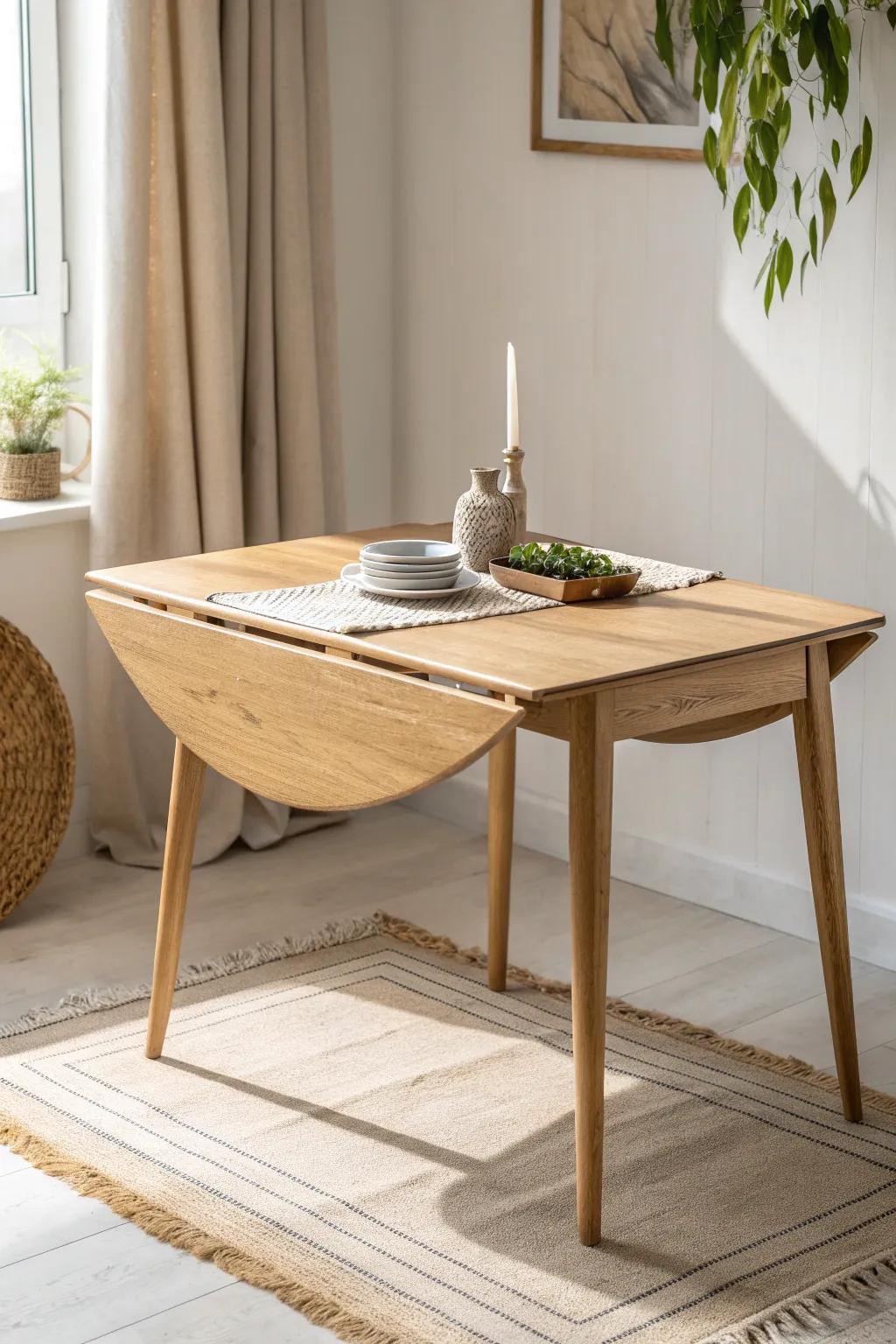 A slim drop-leaf table that folds down daily, then opens up fast when friends come over.