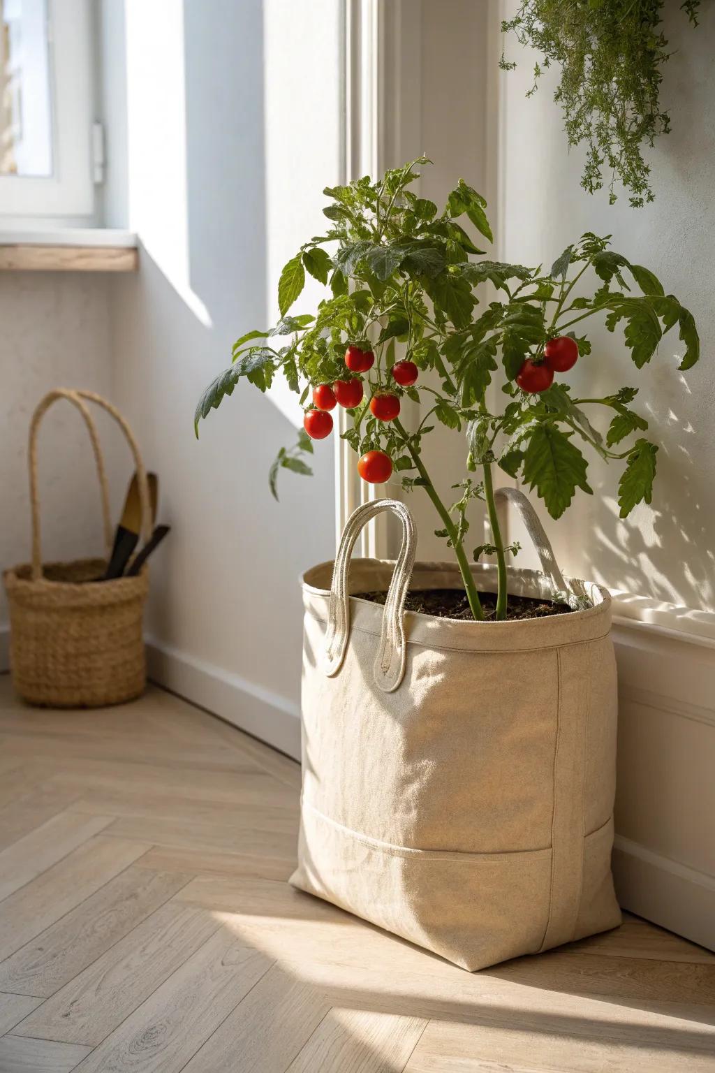 Lightweight fabric grow bag = balcony veggie harvest, no bulky pots—perfect for small spaces.