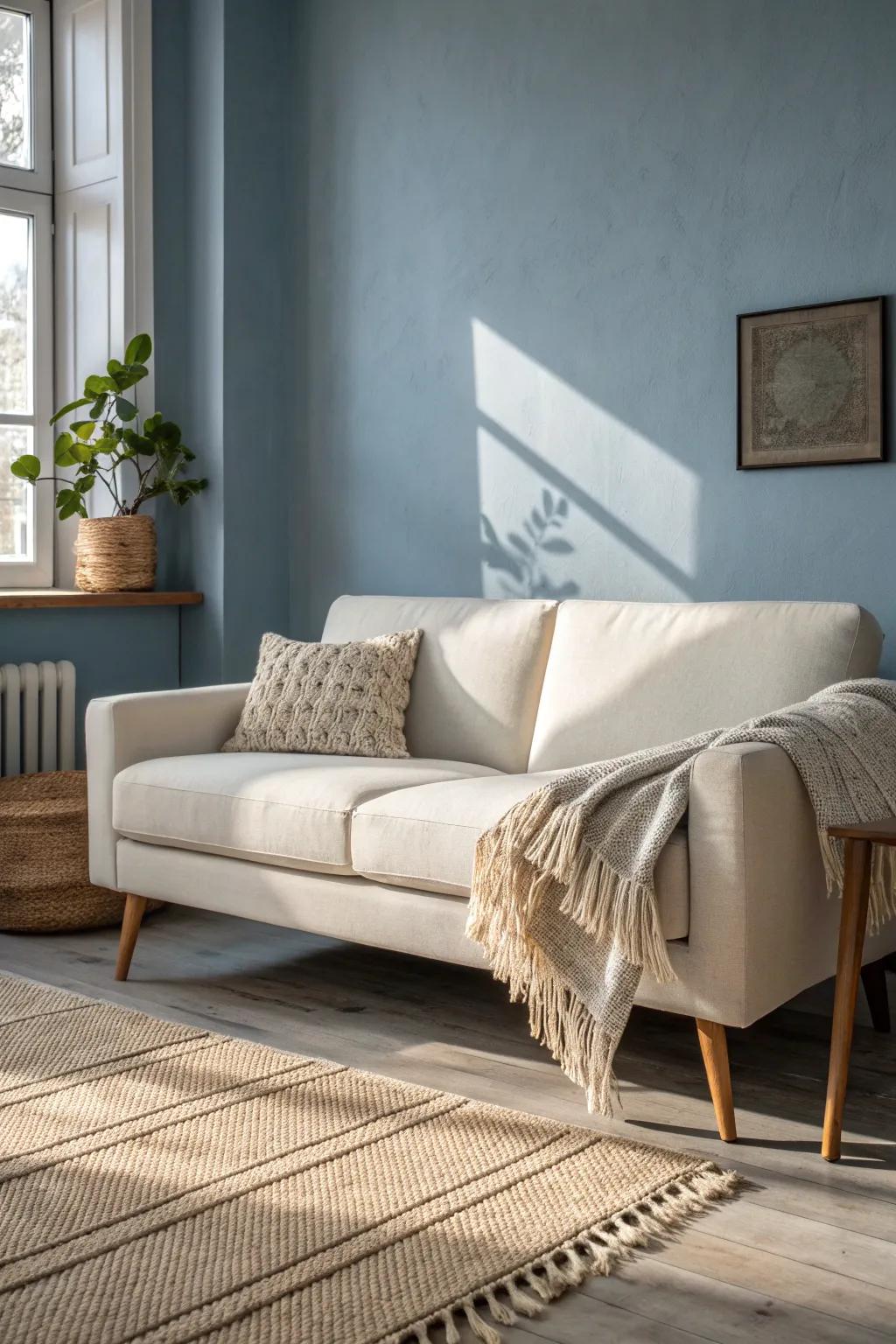 Dusty blue walls make a neutral sofa feel richer—calm, chic color for small living rooms.