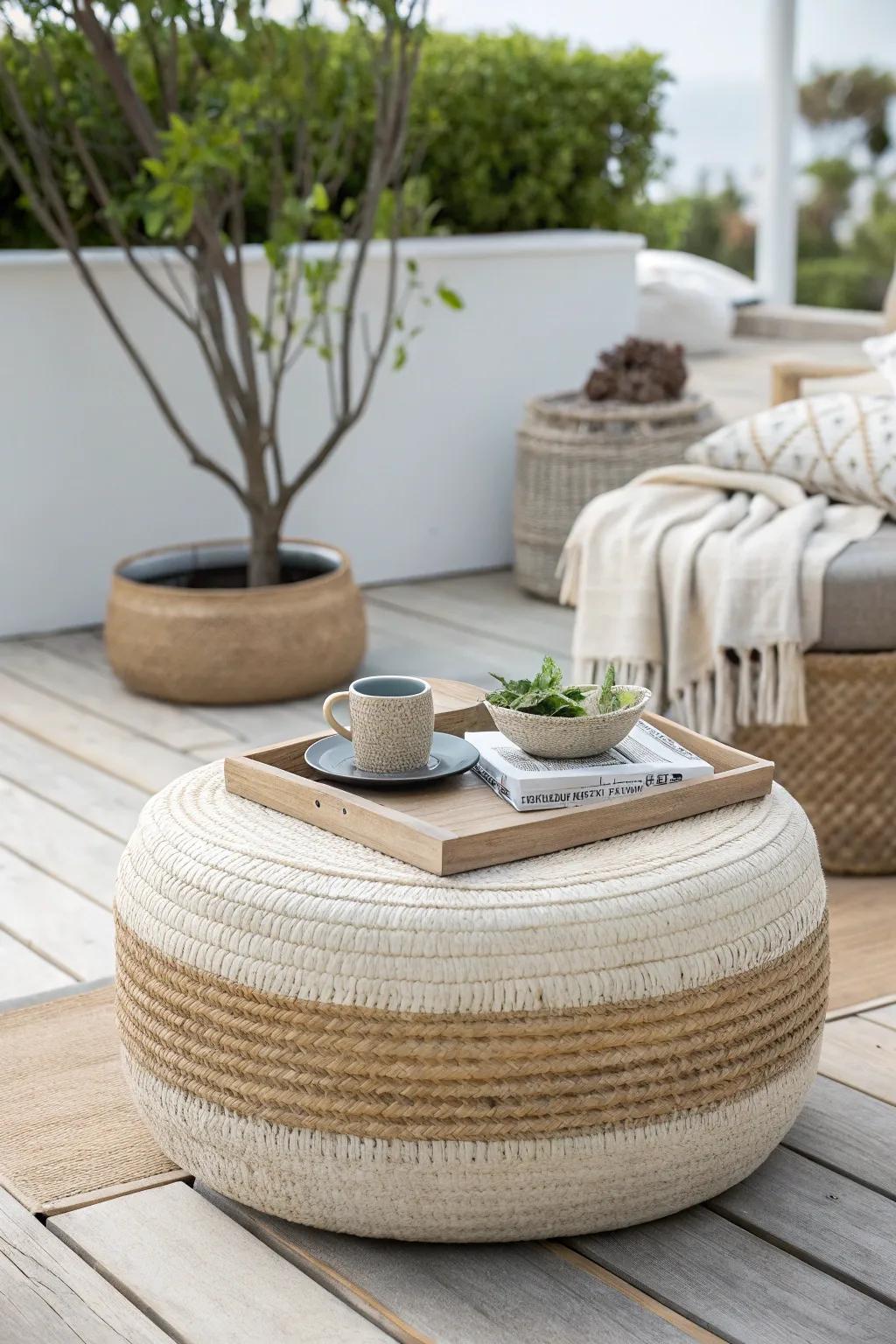 A woven outdoor pouf + sturdy tray creates a corner-free coffee table for micro patios.