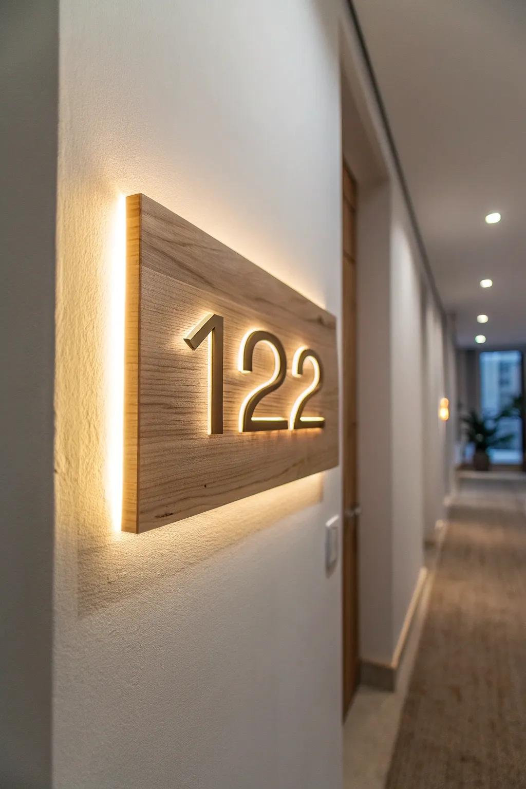 A warm backlit unit number sign—minimal, handmade, and perfect for dim apartment hallways.