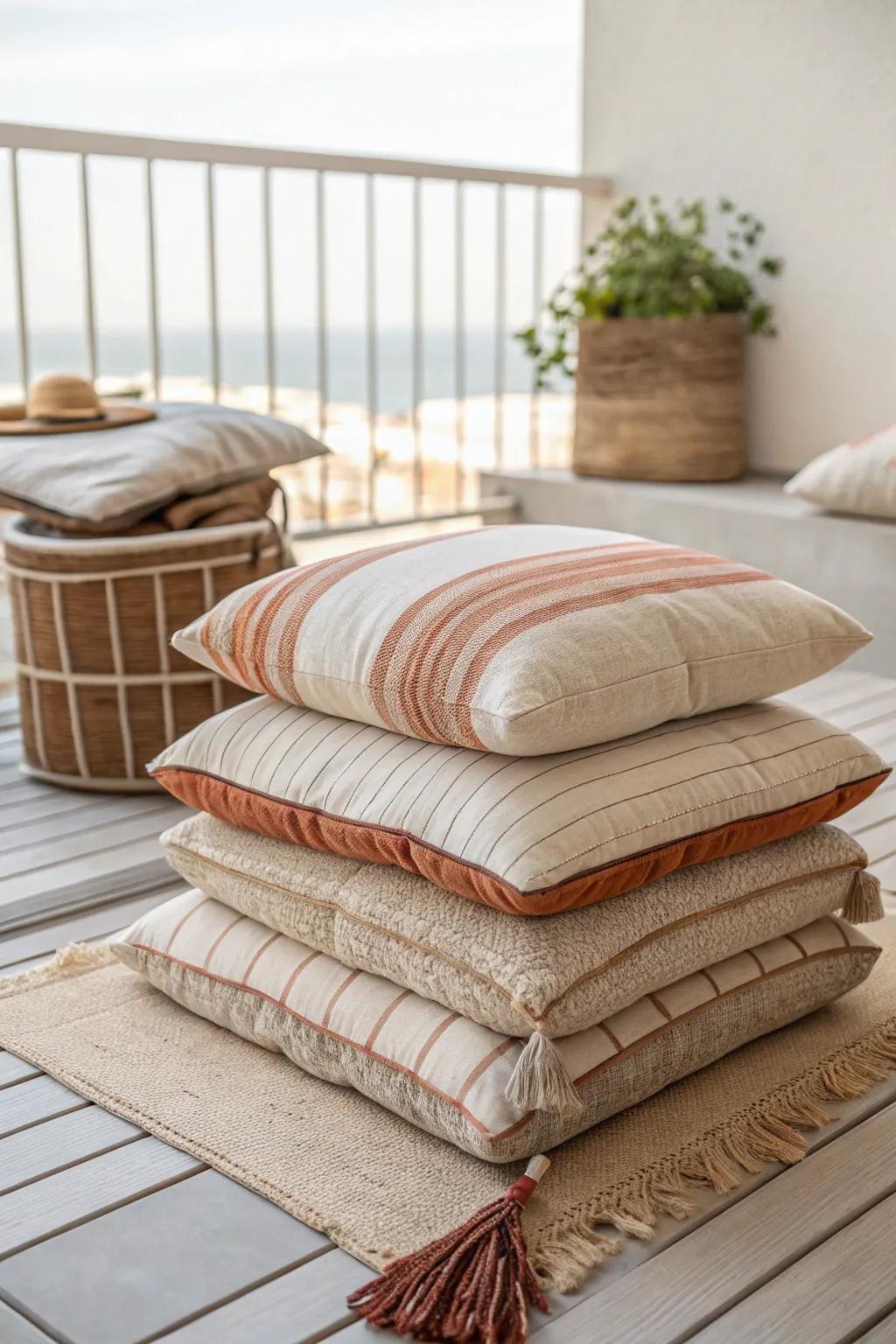 Layer weather-resistant cushions in soft neutrals to turn a tiny balcony into a lounge.