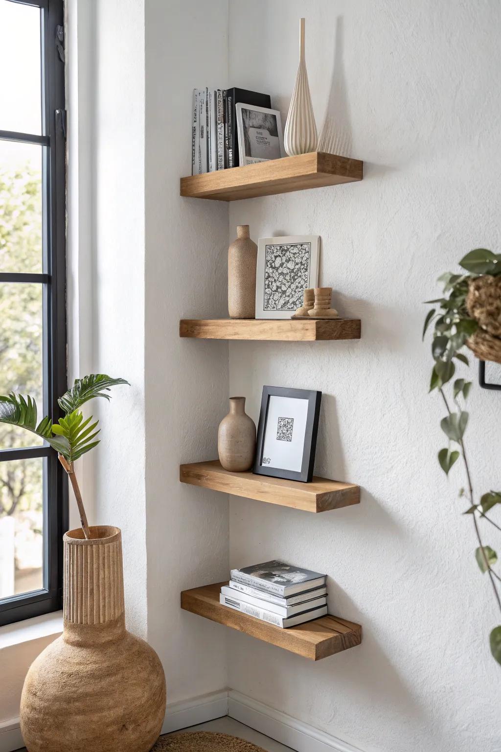 Stacked floating shelves that double as wall art—minimal, airy, and perfect for tiny spaces.