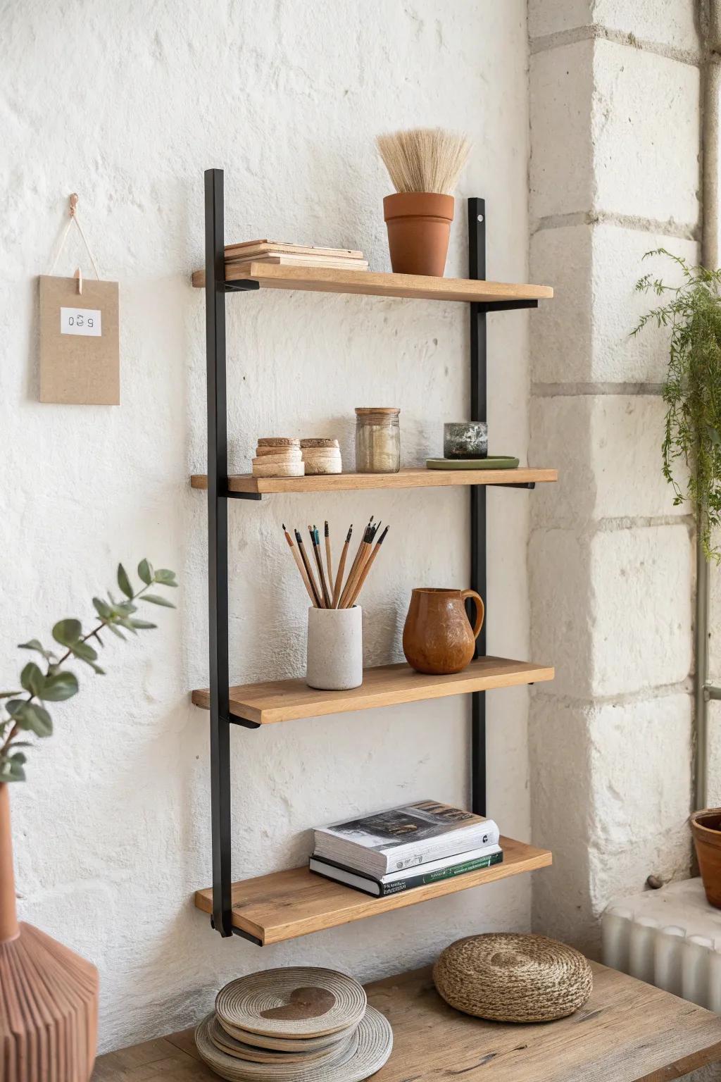 A slim wall shelf lifts art supplies off your desk—pretty vertical storage for small studios.