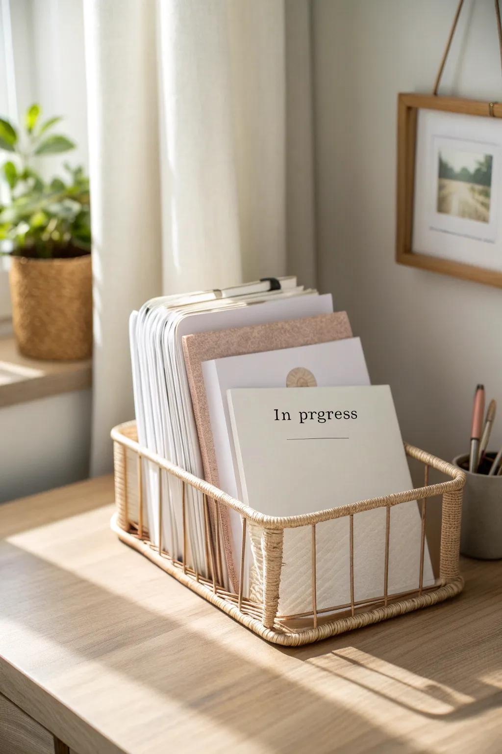 A vertical file sorter keeps sketch paper crisp—and an “in progress” slot helps you finish.