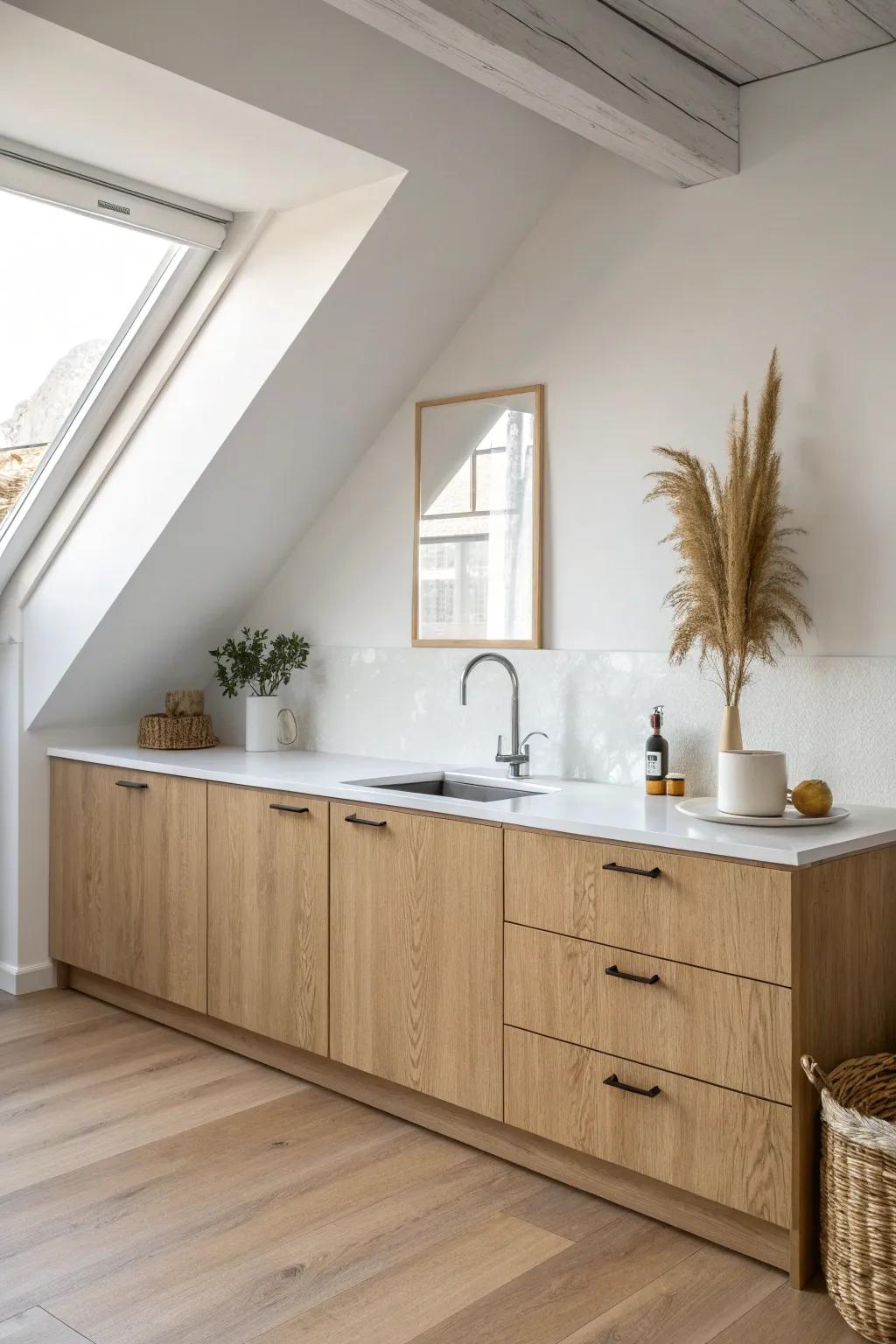 One-wall kitchen on the tallest attic wall—light, minimal, and storage-smart without uppers.