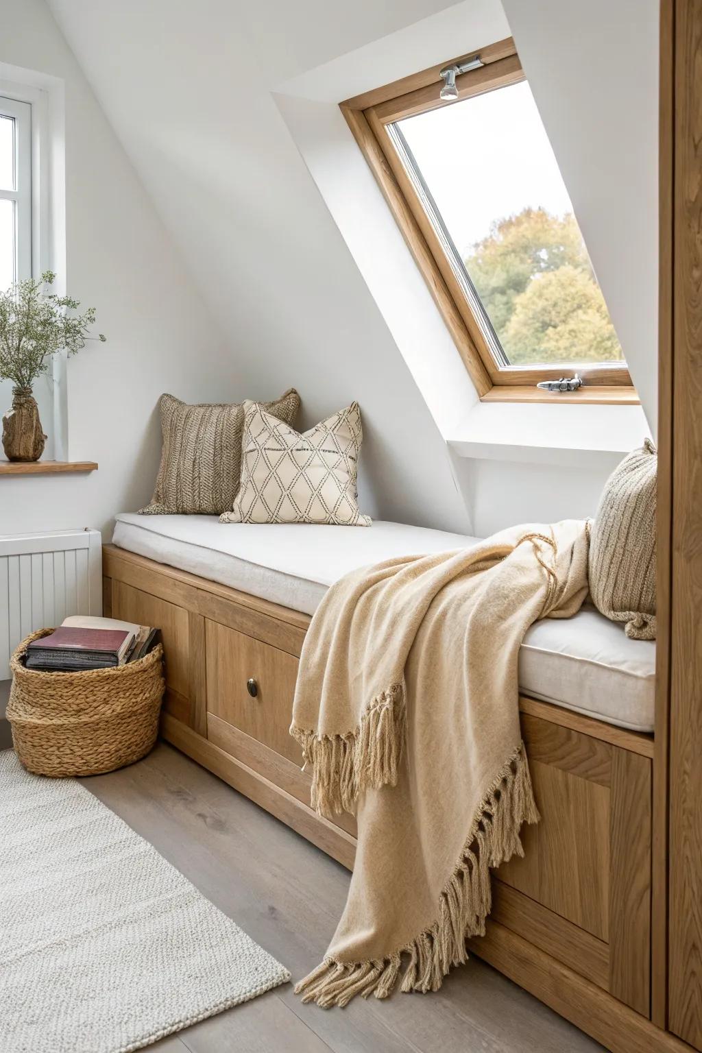 Sunlit attic window seat with hidden storage—Scandi minimalism with a soft boho touch.