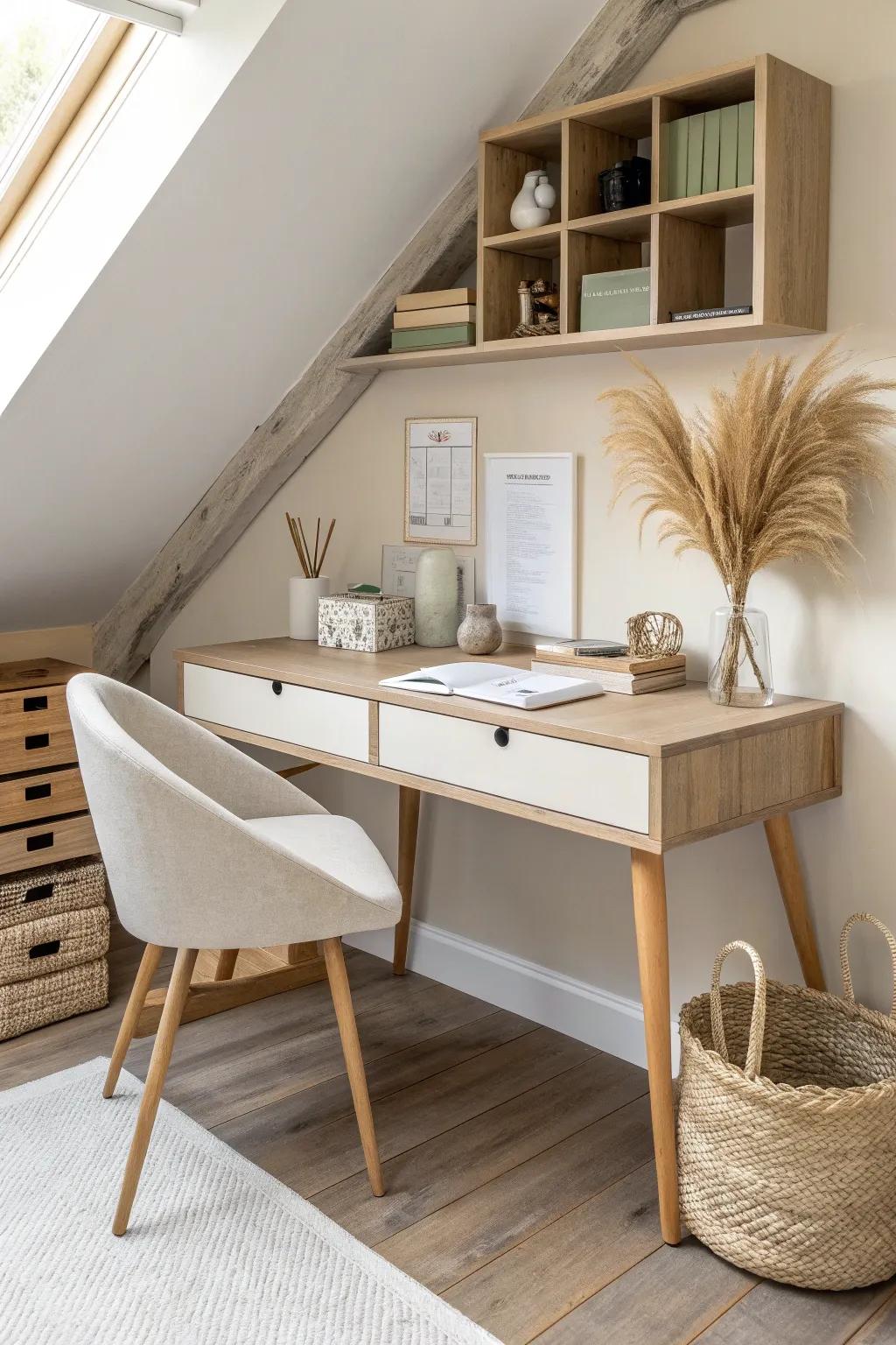 A floating shelf desk under the attic slope—tiny workspace, tidy cubbies, big calm energy.