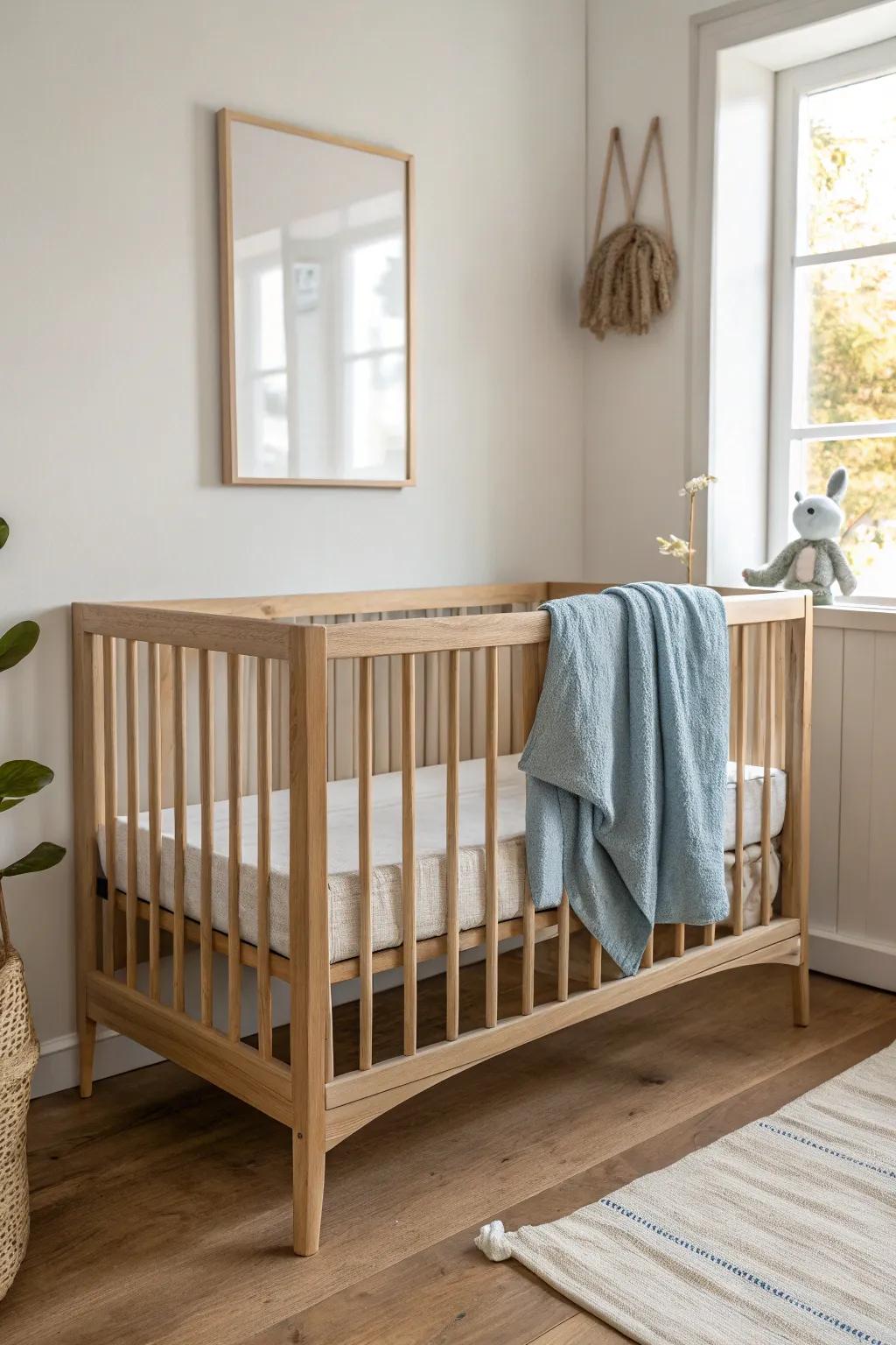 Warm oak + soft neutrals keep a small baby boy nursery feeling airy, cozy, and uncluttered.