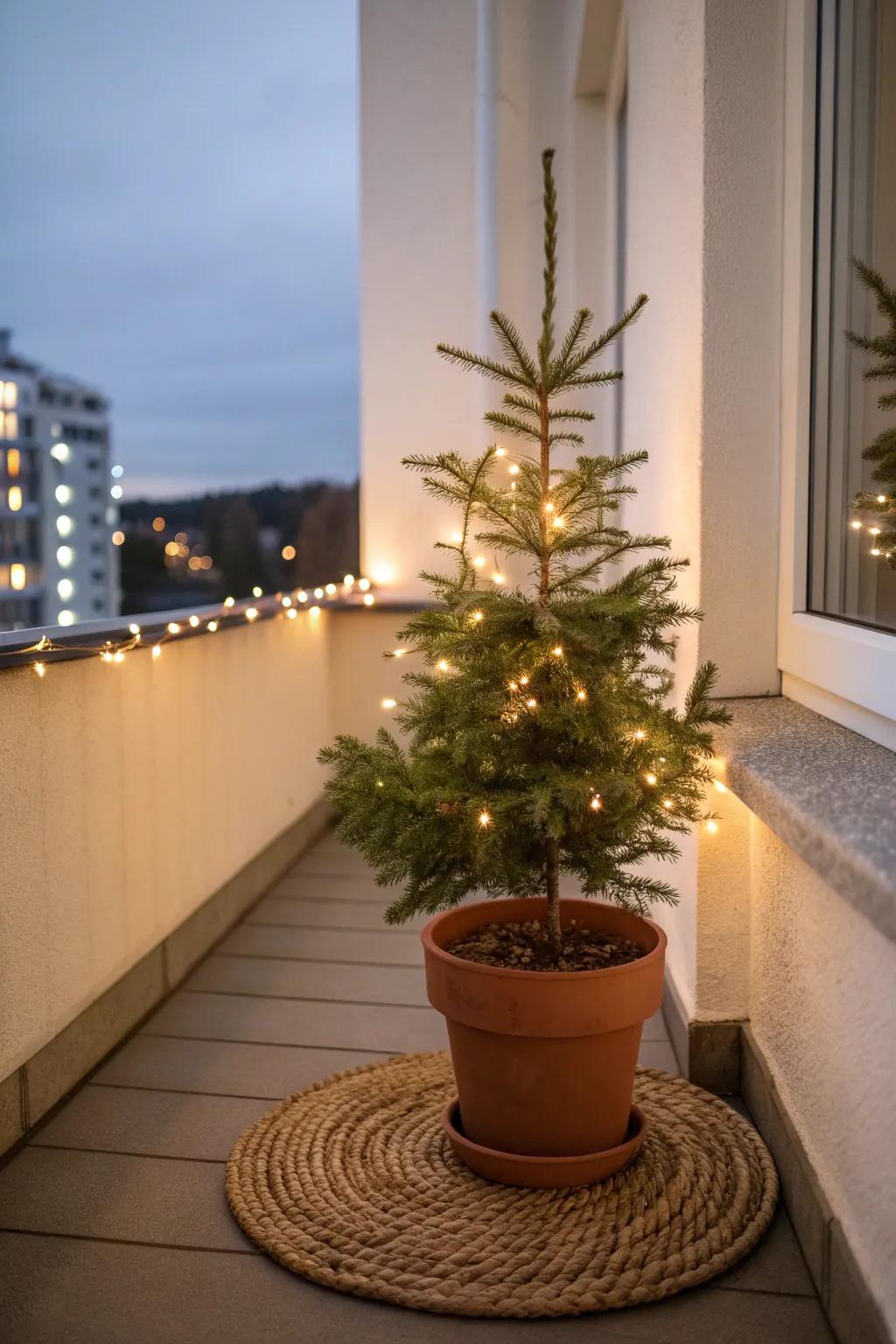 Mini lit tree glow for your balcony corner—festive, cozy, and space-saving.