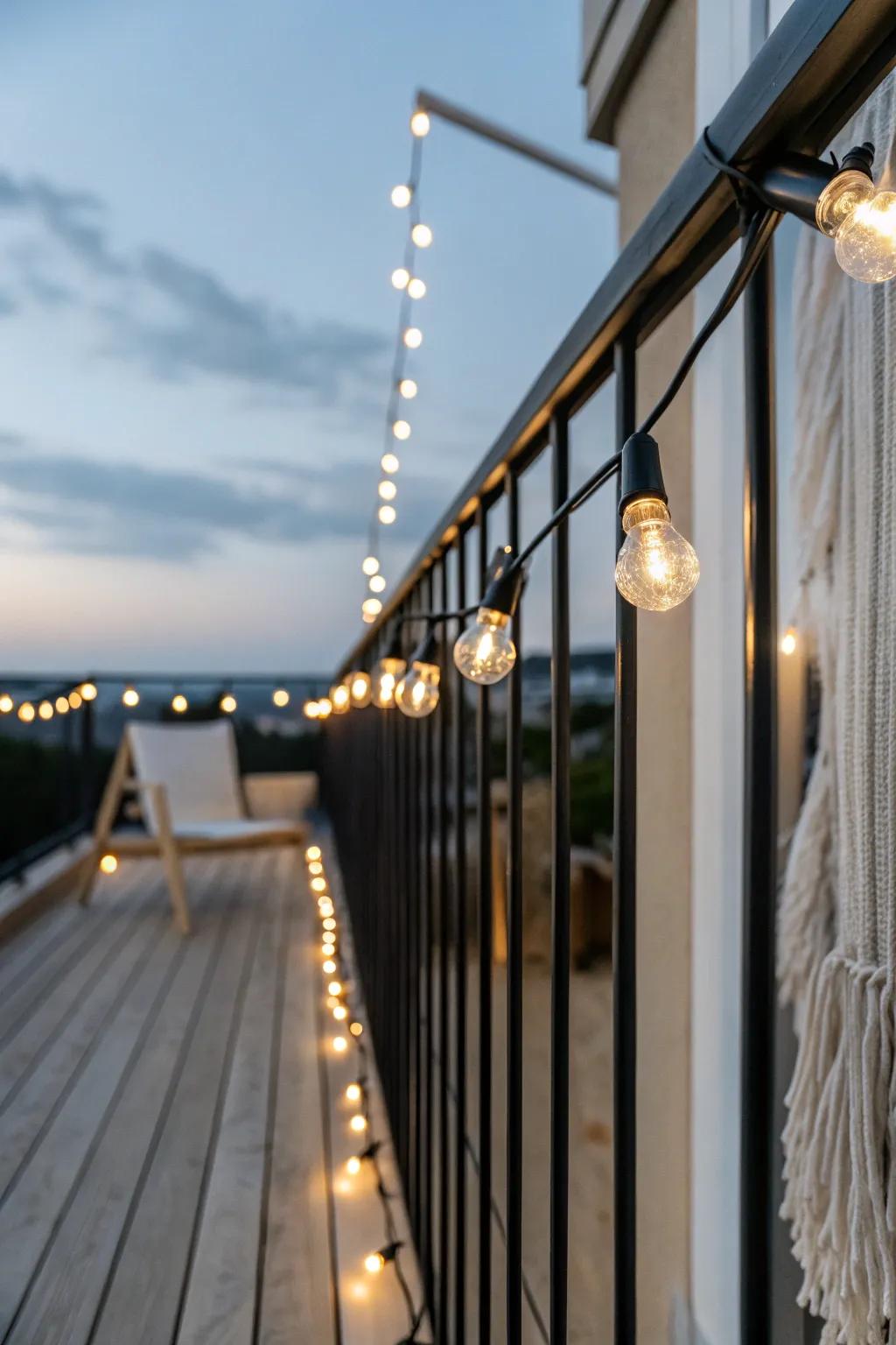 Warm string lights along the railing add a finished glow—no cords underfoot, just cozy edges.