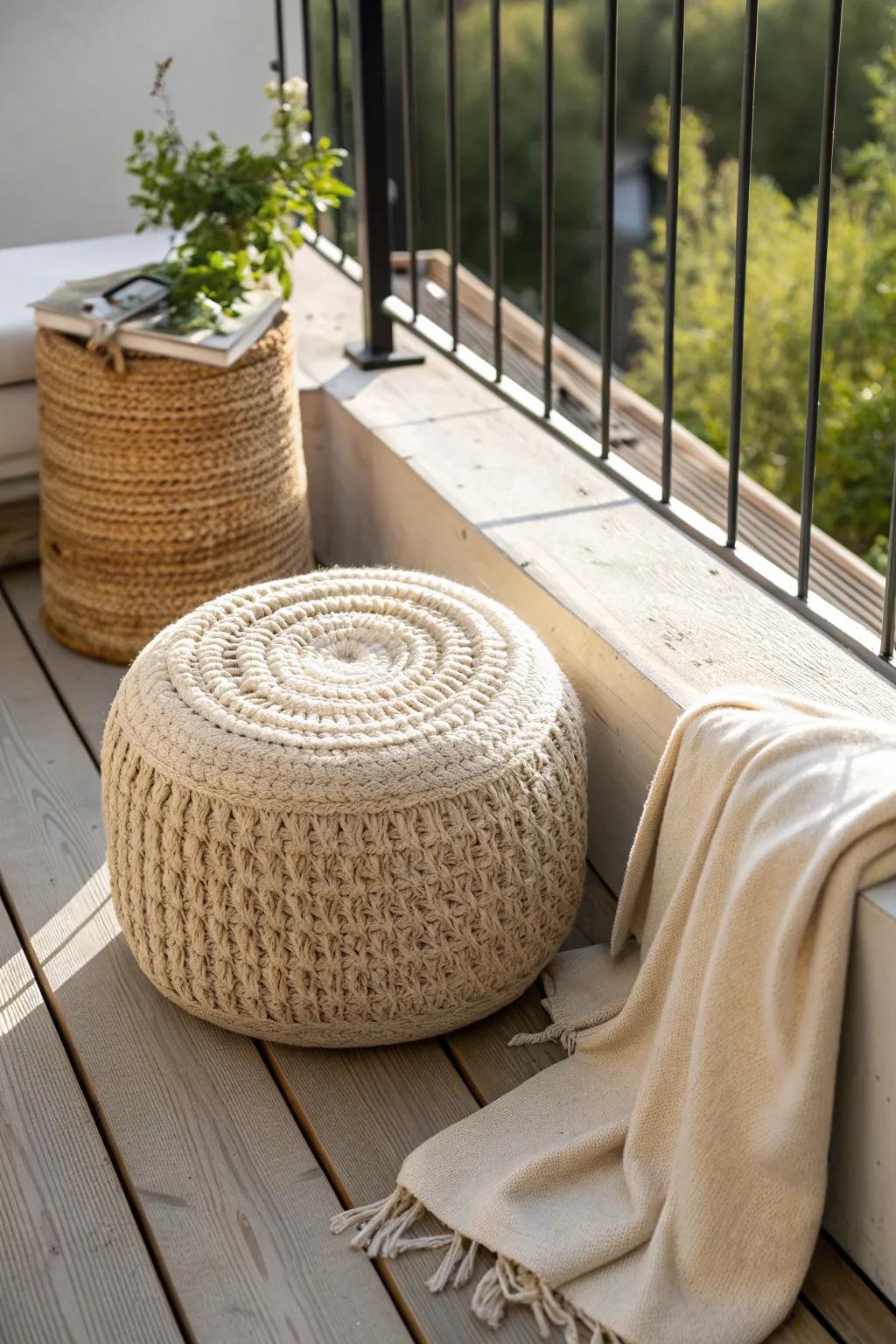 A woven outdoor pouf adds easy extra seating—lightweight, chic, and perfect for tiny balconies.