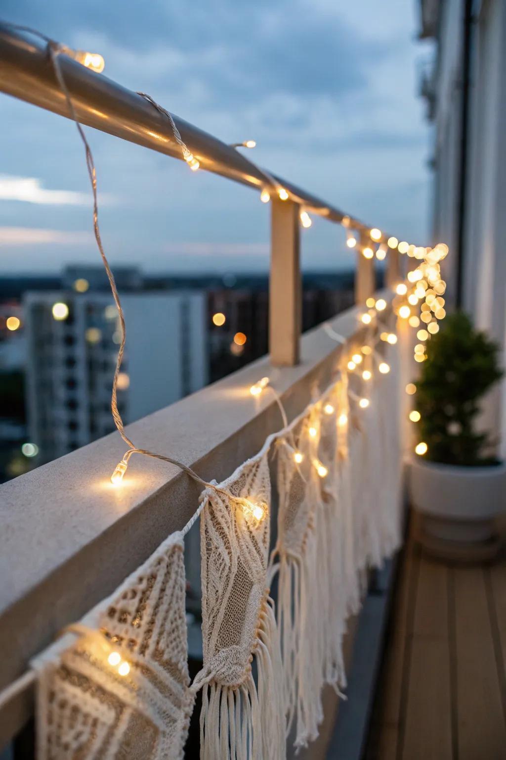Warm string lights turn the smallest balcony into a cozy sunset lounge in minutes.