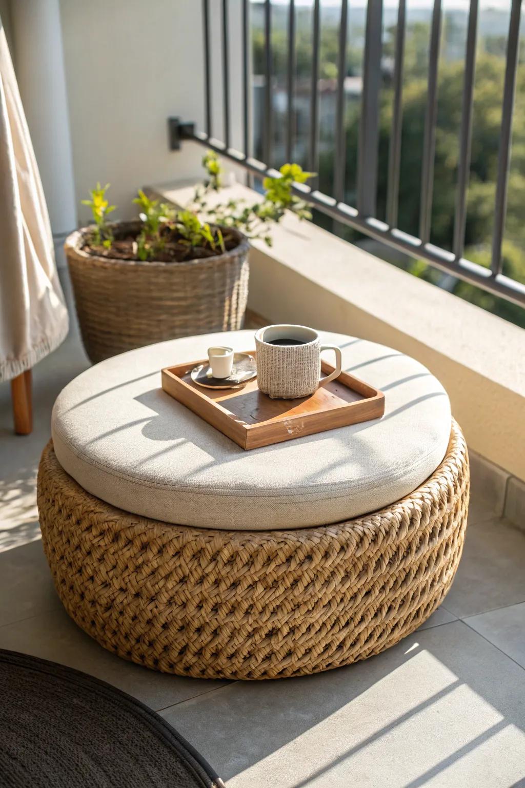 One tiny ottoman, three uses: footrest, extra seat, or tray table—perfect for balconies.