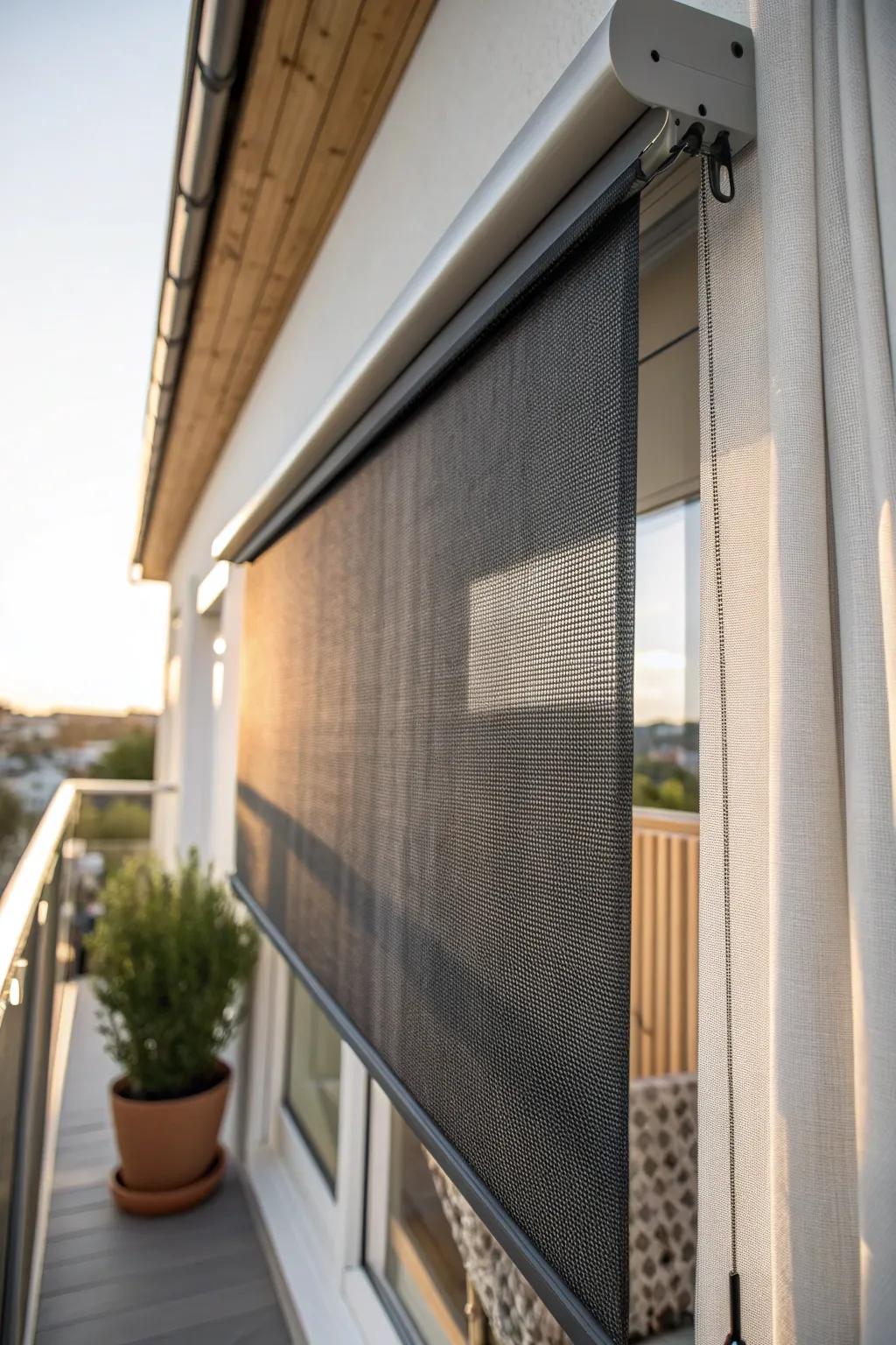 Roll-down solar screen shades block harsh west sun while keeping the balcony bright and usable.