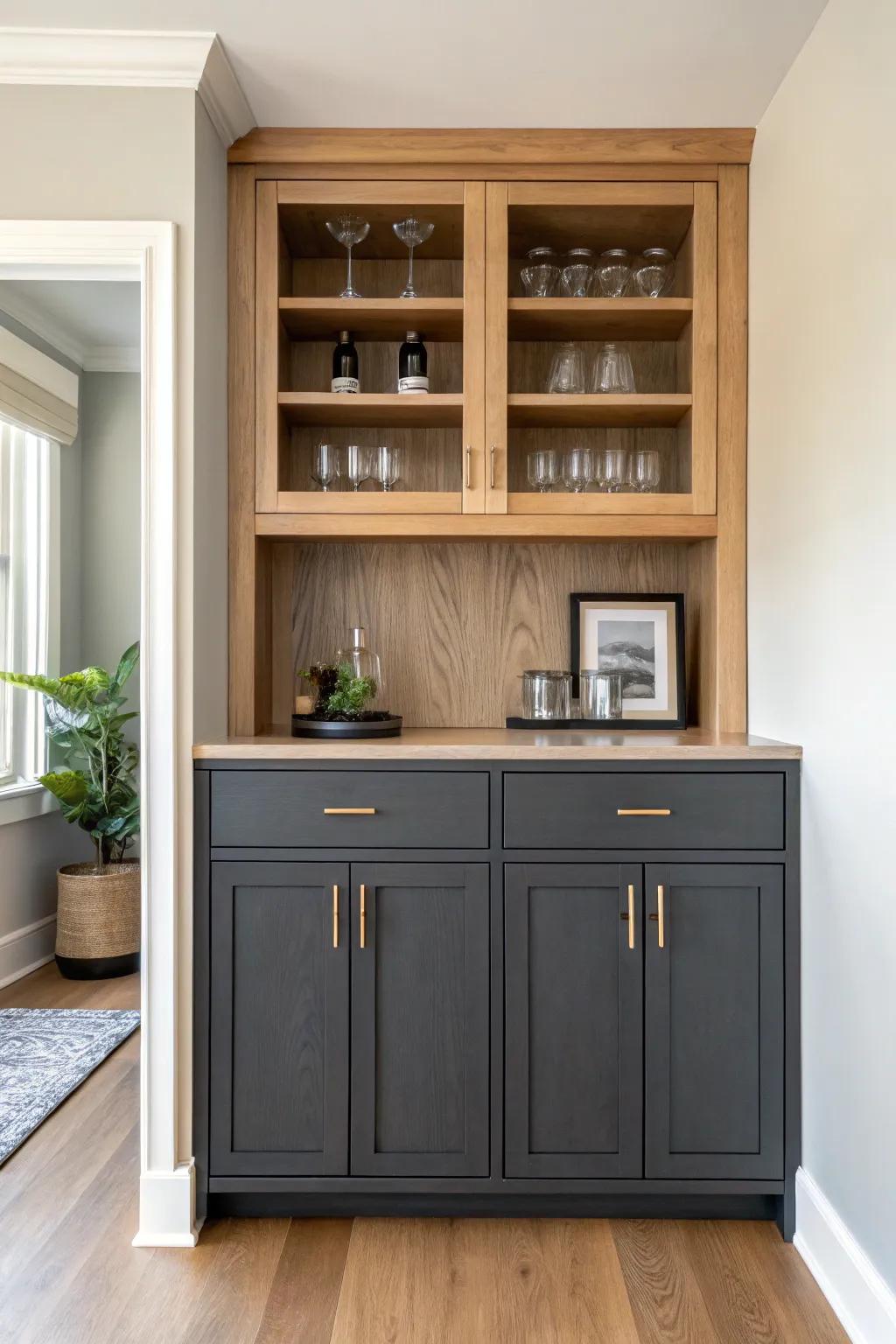 Two-tone lower cabinets ground a tiny bar nook—sleek, practical, and scuff-hiding.