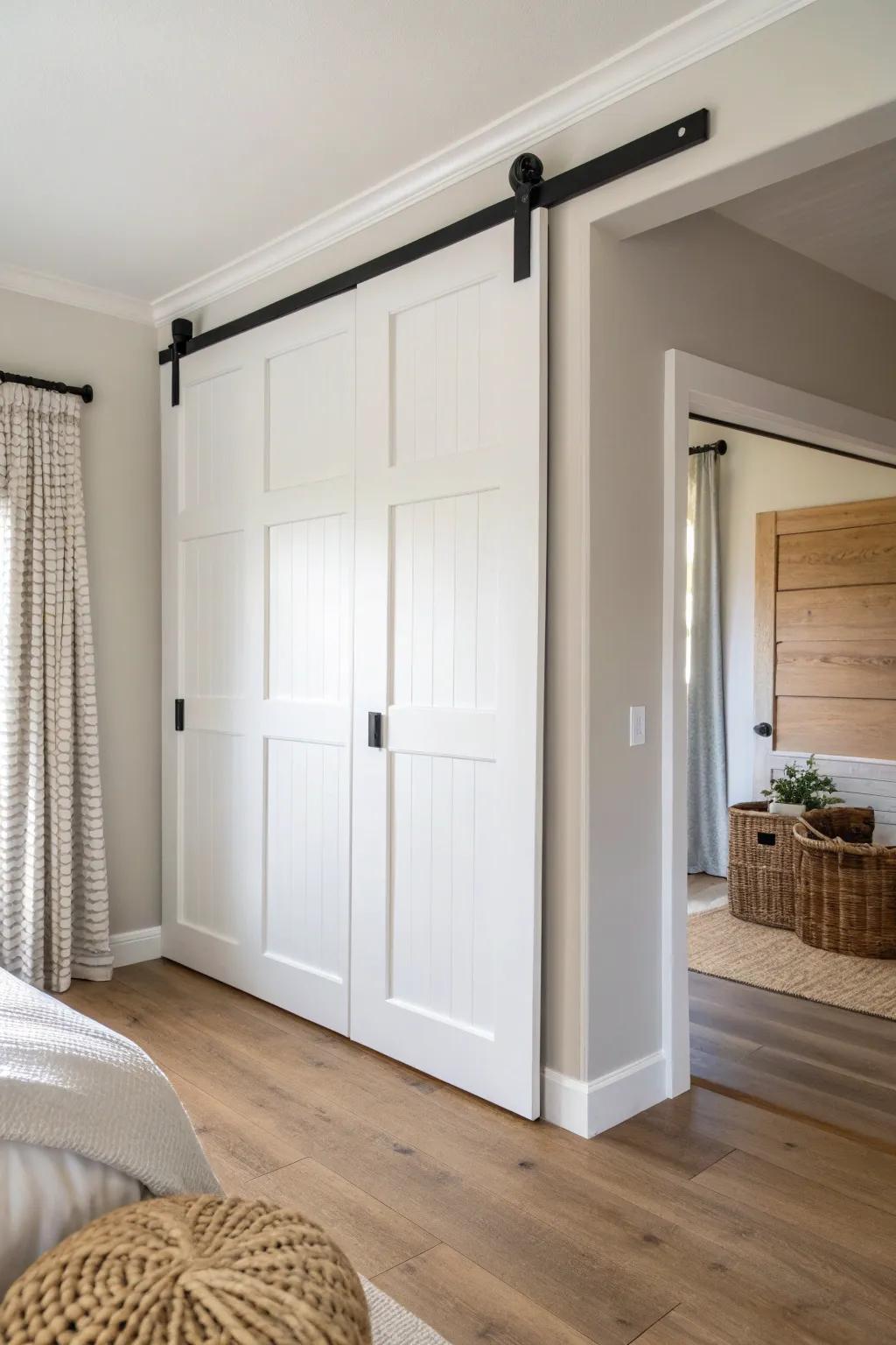 Shaker-style paneled barn door: a clean, tailored closet upgrade perfect for small spaces.