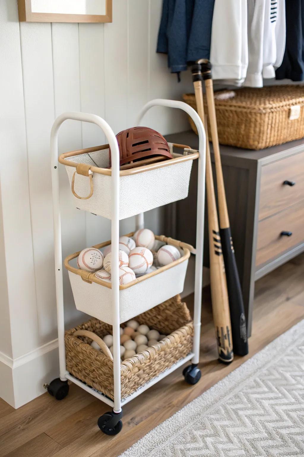 A small-space rolling baseball cart that parks in one spot—grab and go in a single trip.