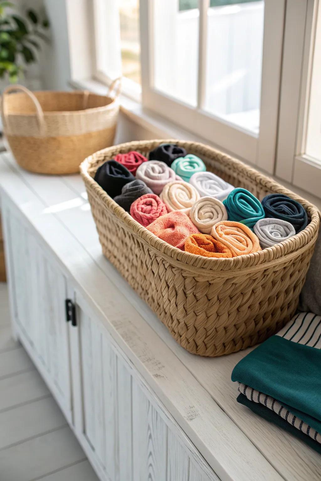 Color-sorted swimsuits in a woven basket: match your cover-up fast and avoid duplicates.