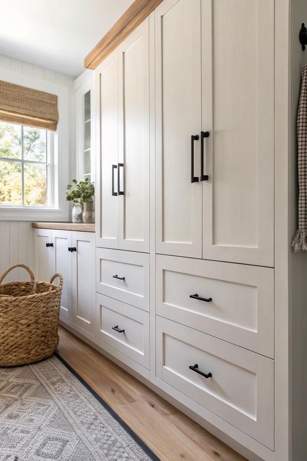 Match vanity and closet cabinetry for one seamless, polished bathroom-and-wardrobe wall.