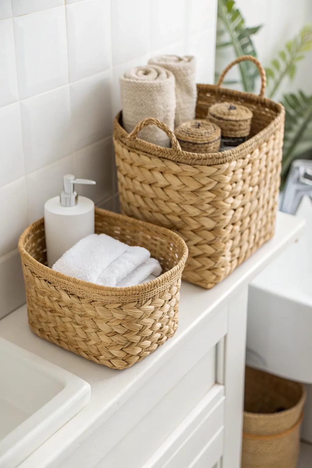 Basket trio with minis, wipes & a spare washcloth—an easy guest-ready touch for tiny baths.