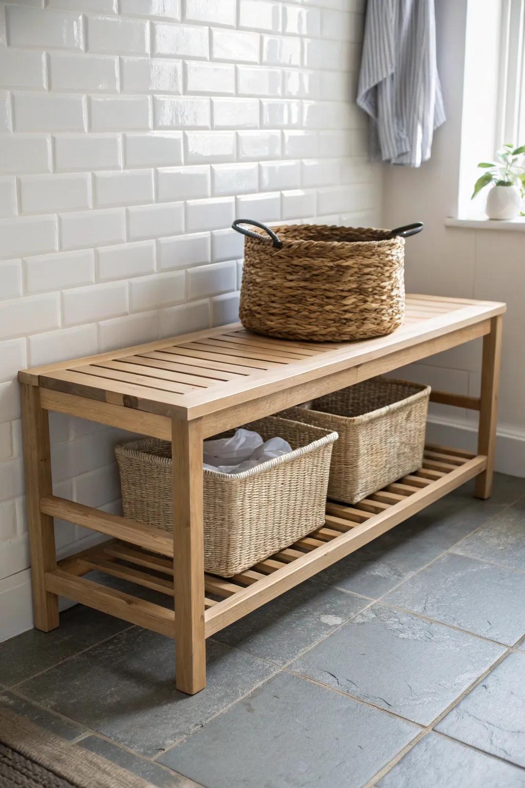 Slim oak bathroom bench with woven baskets underneath—pretty hidden storage for tiny bathrooms.