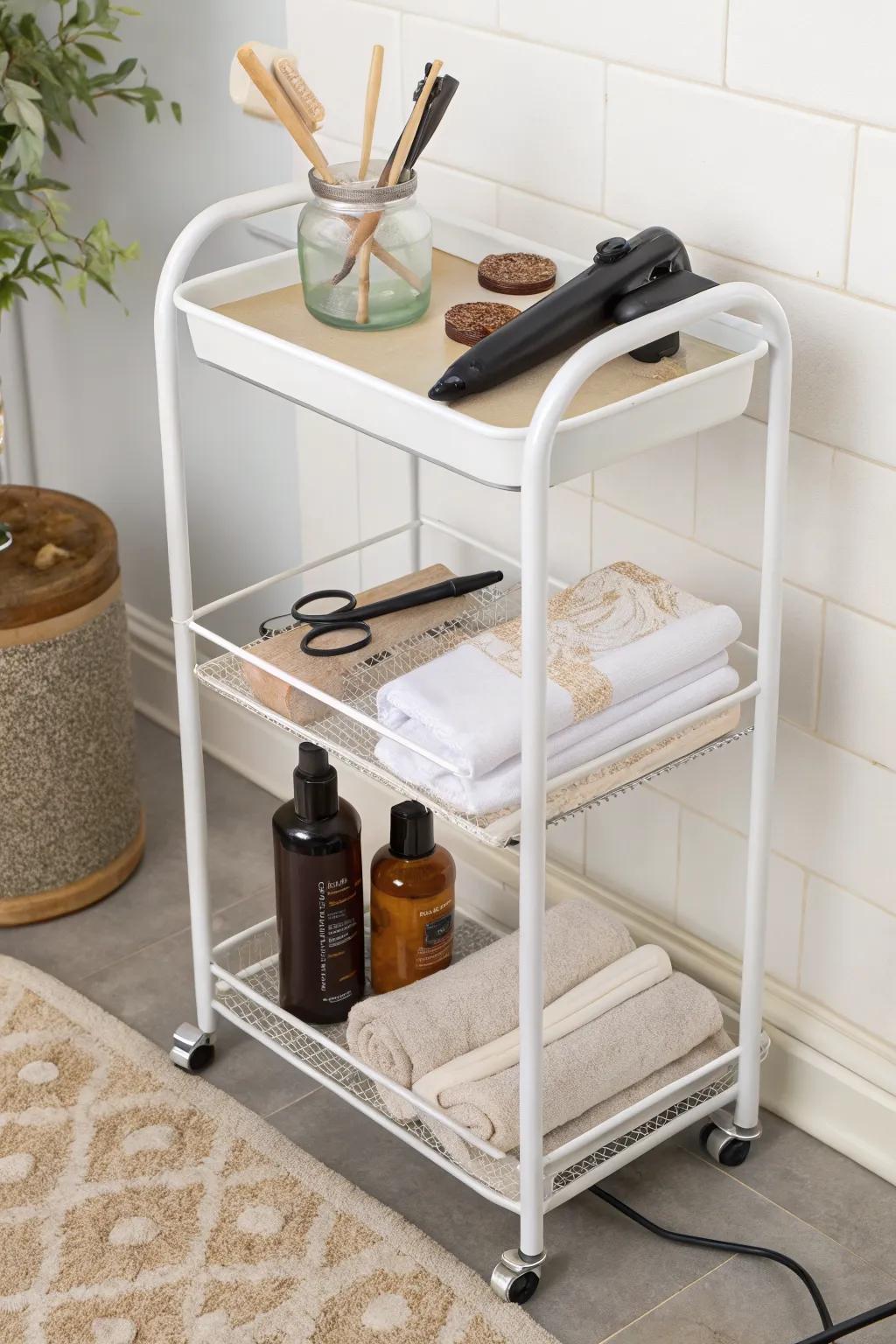 A tidy hair-tool cart with cord control—heat-safe top shelf and zero tangled cables.