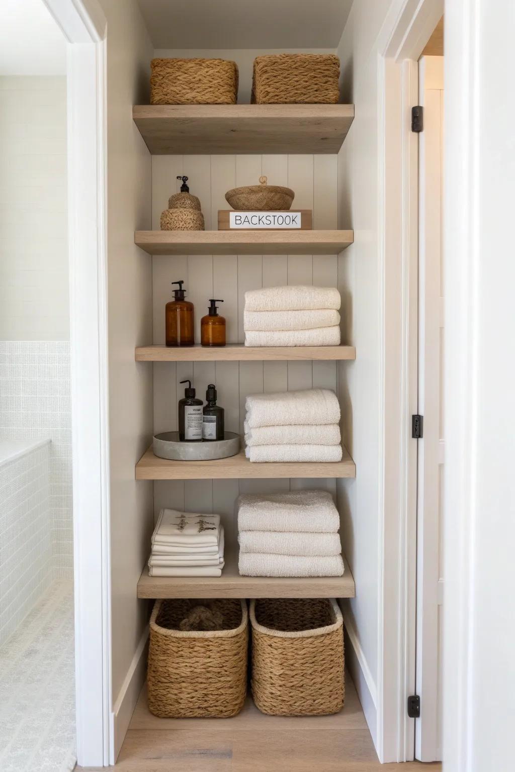 Organize an open bathroom closet in vertical zones—everyday essentials low, backstock up high.