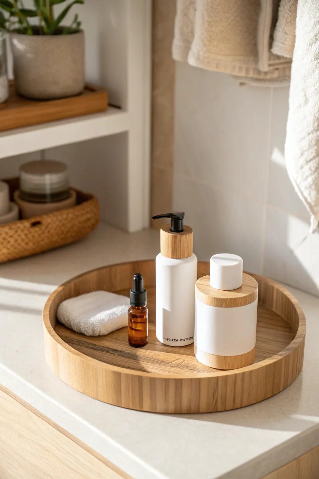 A simple turntable tray makes deep bathroom closet shelves instantly reachable and tidy.