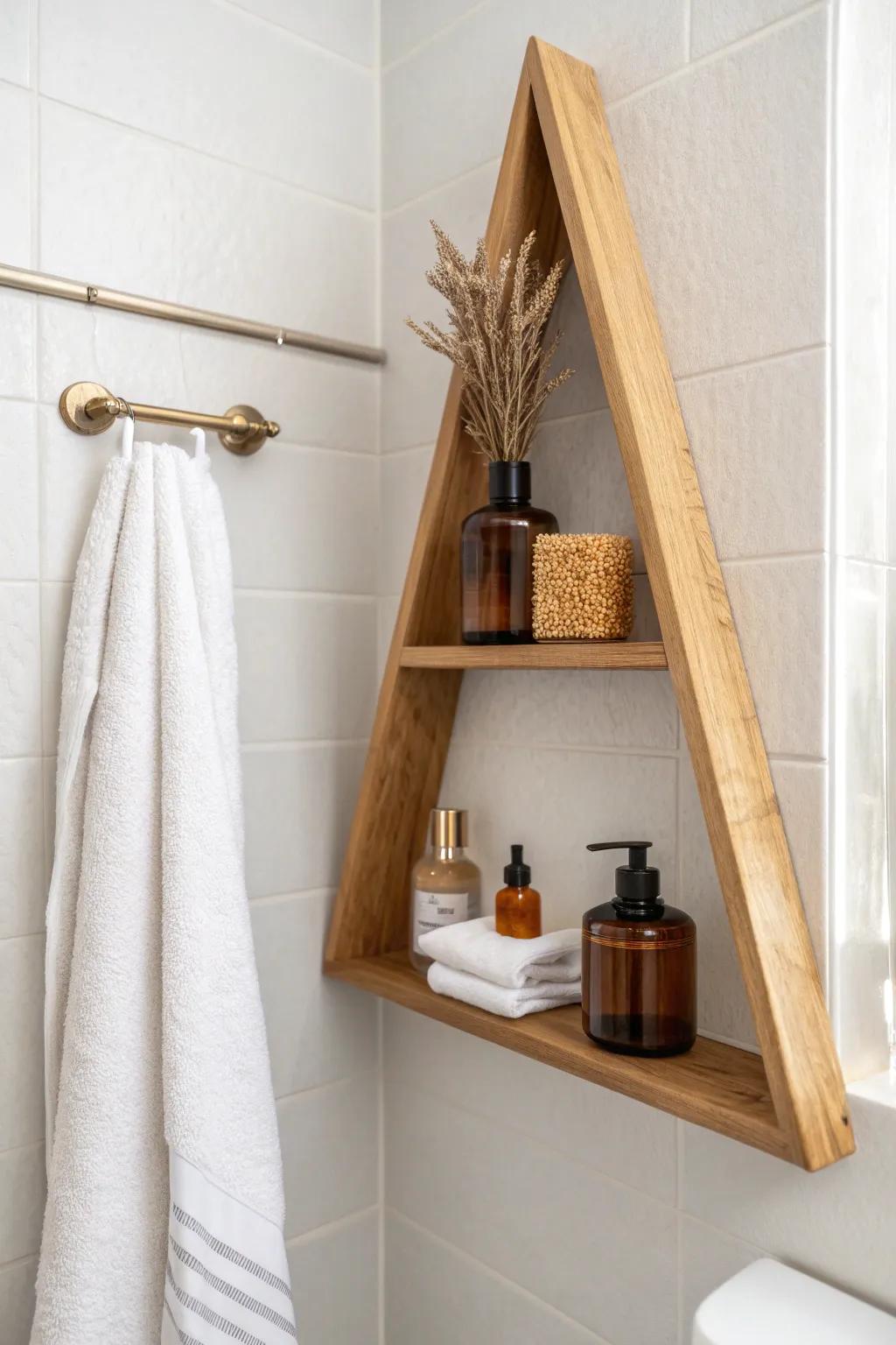 A space-saving corner shelf with a slim towel bar—two bathroom essentials in one.