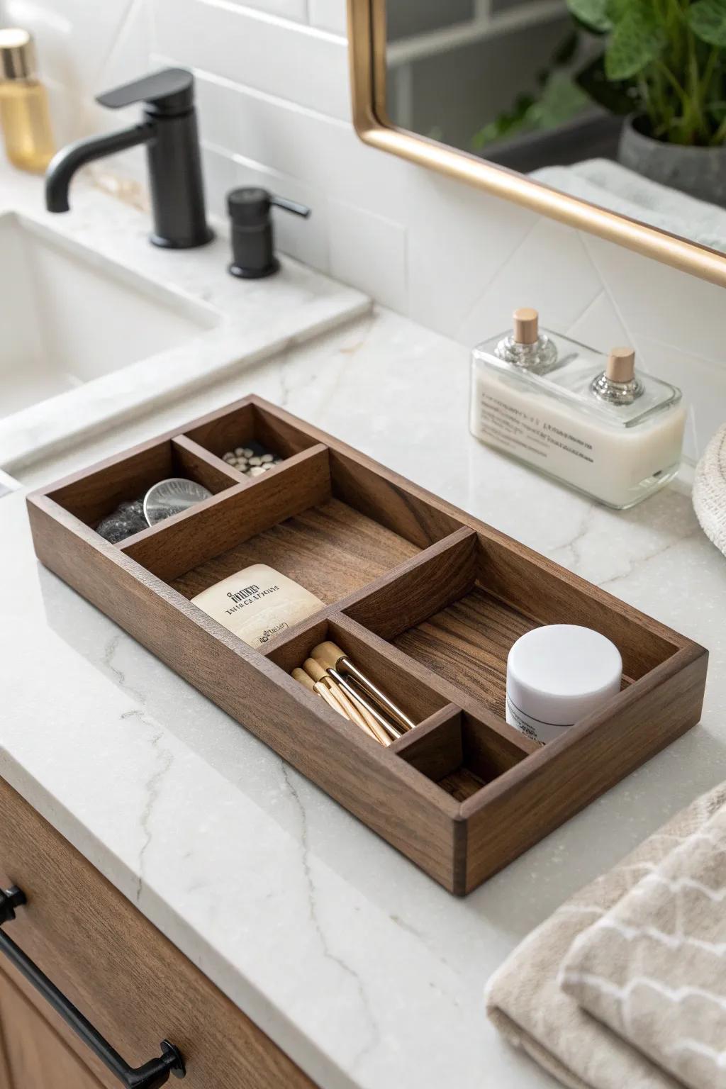 A shallow organizer tray gives every tiny bathroom essential a tidy, pretty parking spot.