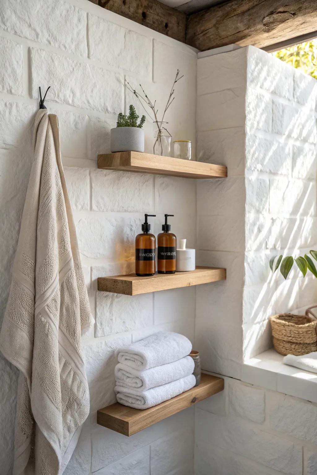 Two-tier floating shelf above hooks: everyday essentials below, extra towels up top—no floor space.