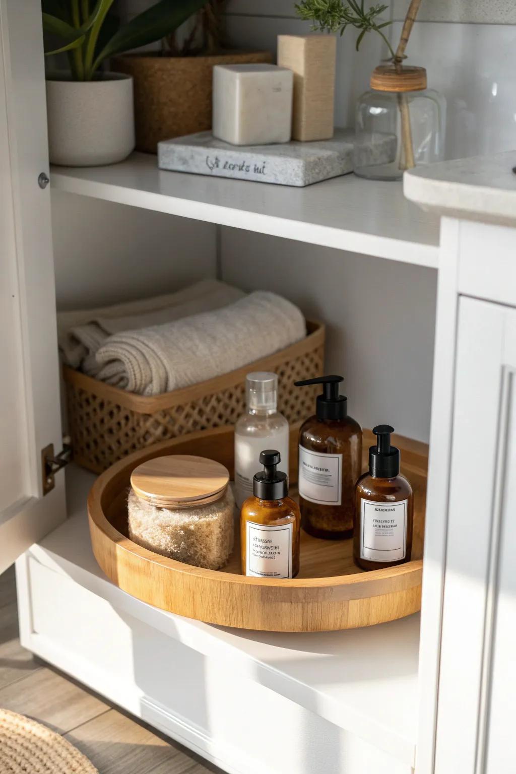 A lazy-susan turntable makes deep bathroom cabinets effortless—just spin, grab, and go.