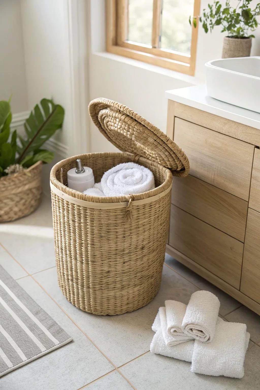 A lidded basket hides extra towels while keeping your small bathroom calm and clutter-free.