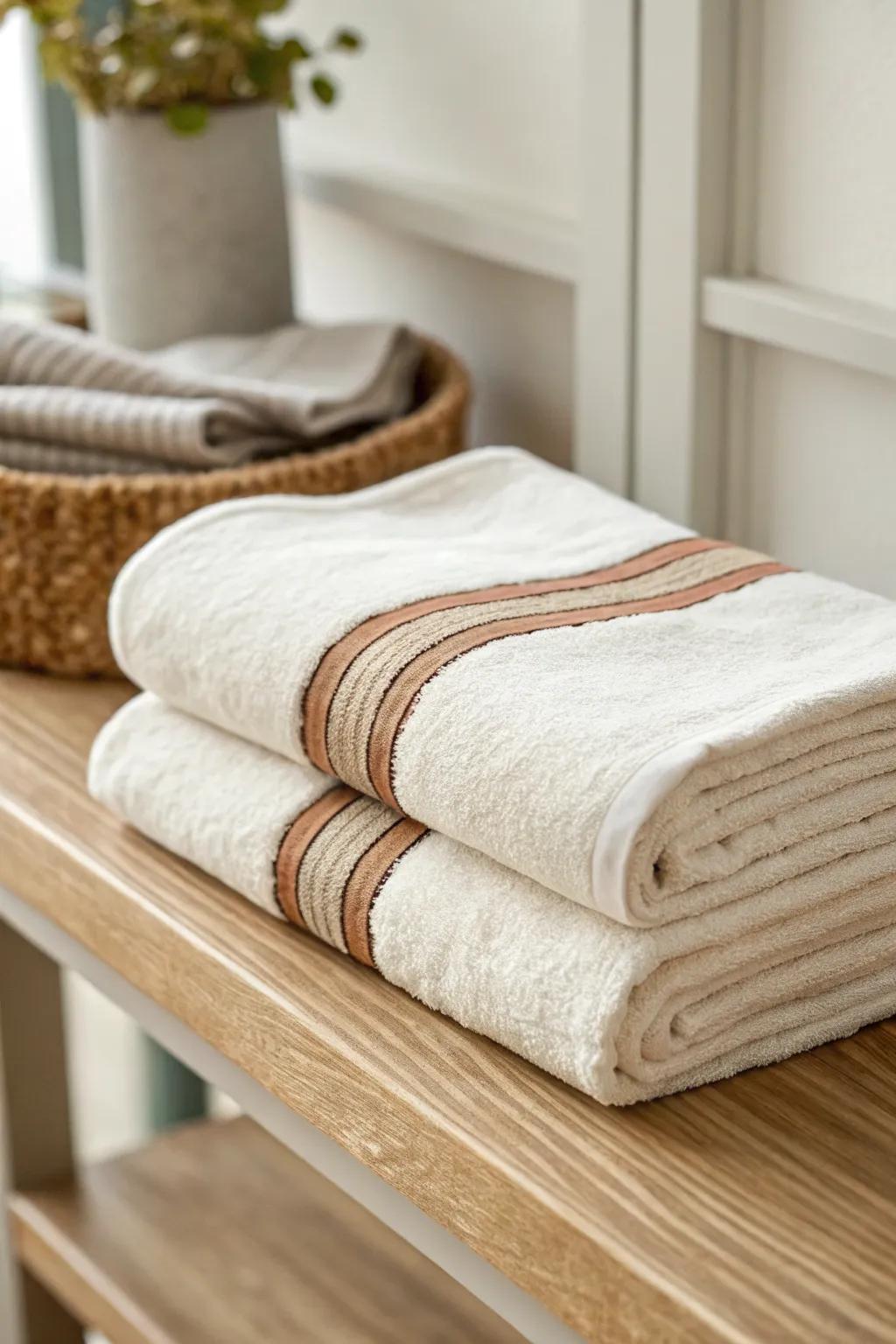 Center-band wrap: add a contrasting hand towel to make neutral stacks look styled and intentional.