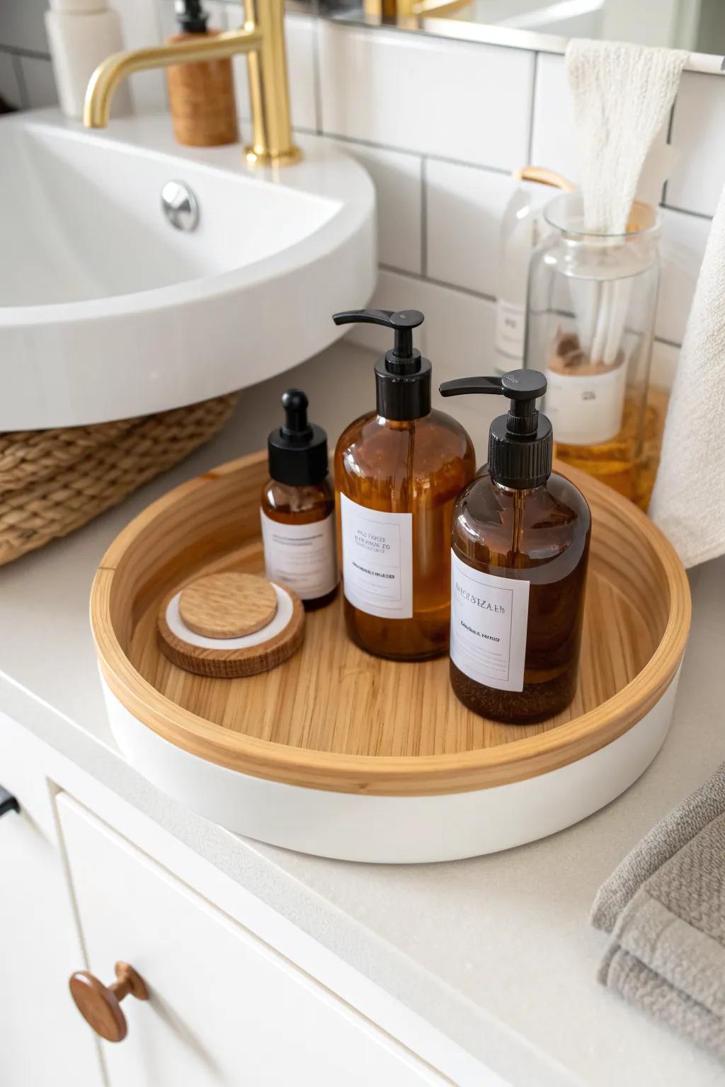 Spin, don’t dig—add a lazy Susan under the vanity to keep daily bottles within easy reach.