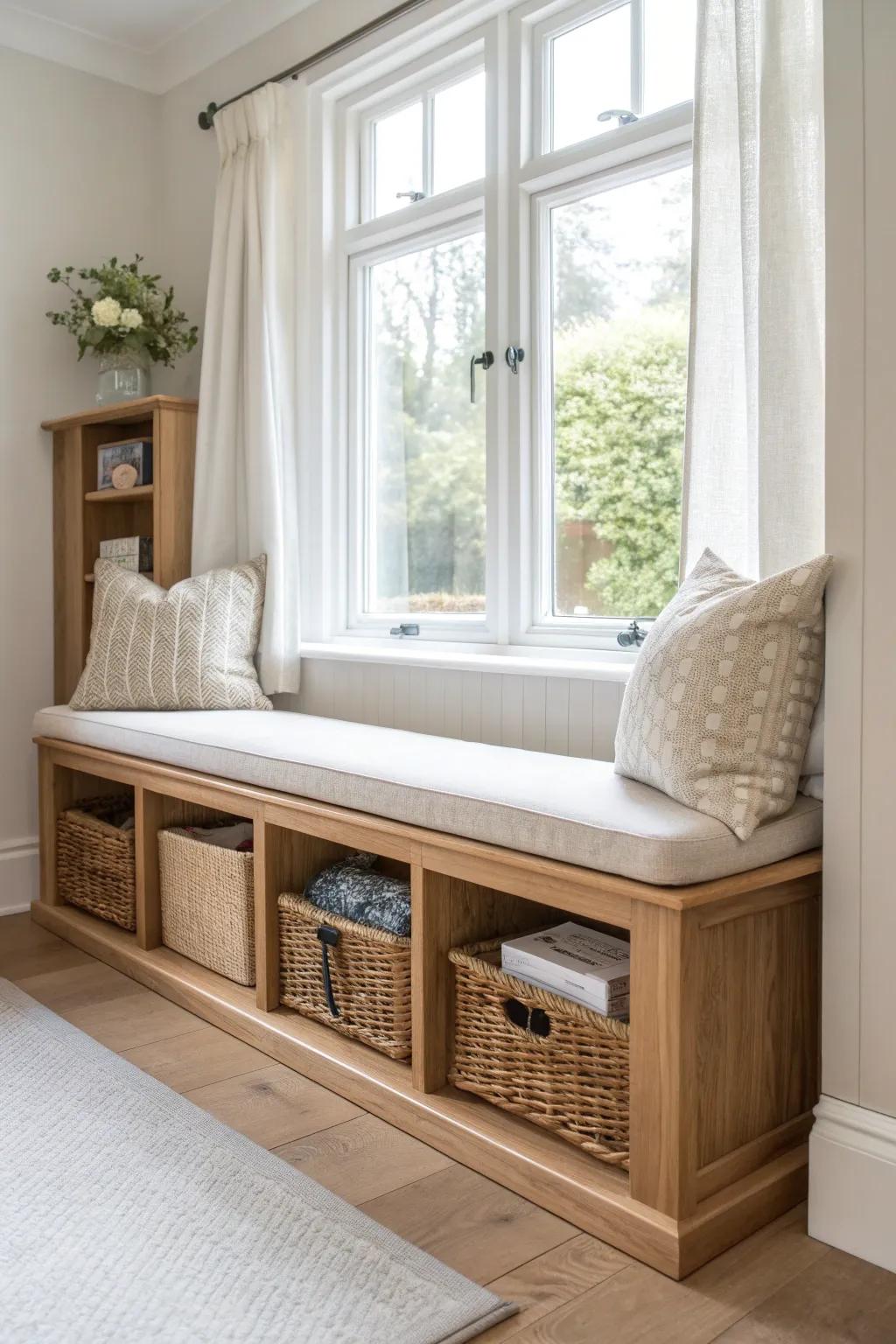 A bright bay-window shoe bench with labeled cubbies—tidy entryway storage in one chic piece.