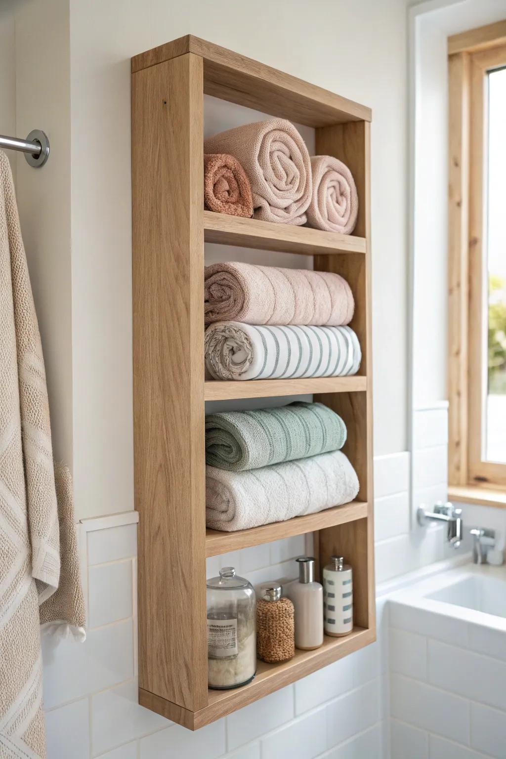 Floating shelves with slim dividers keep rolled beach towels upright, tidy, and beautifully styled.