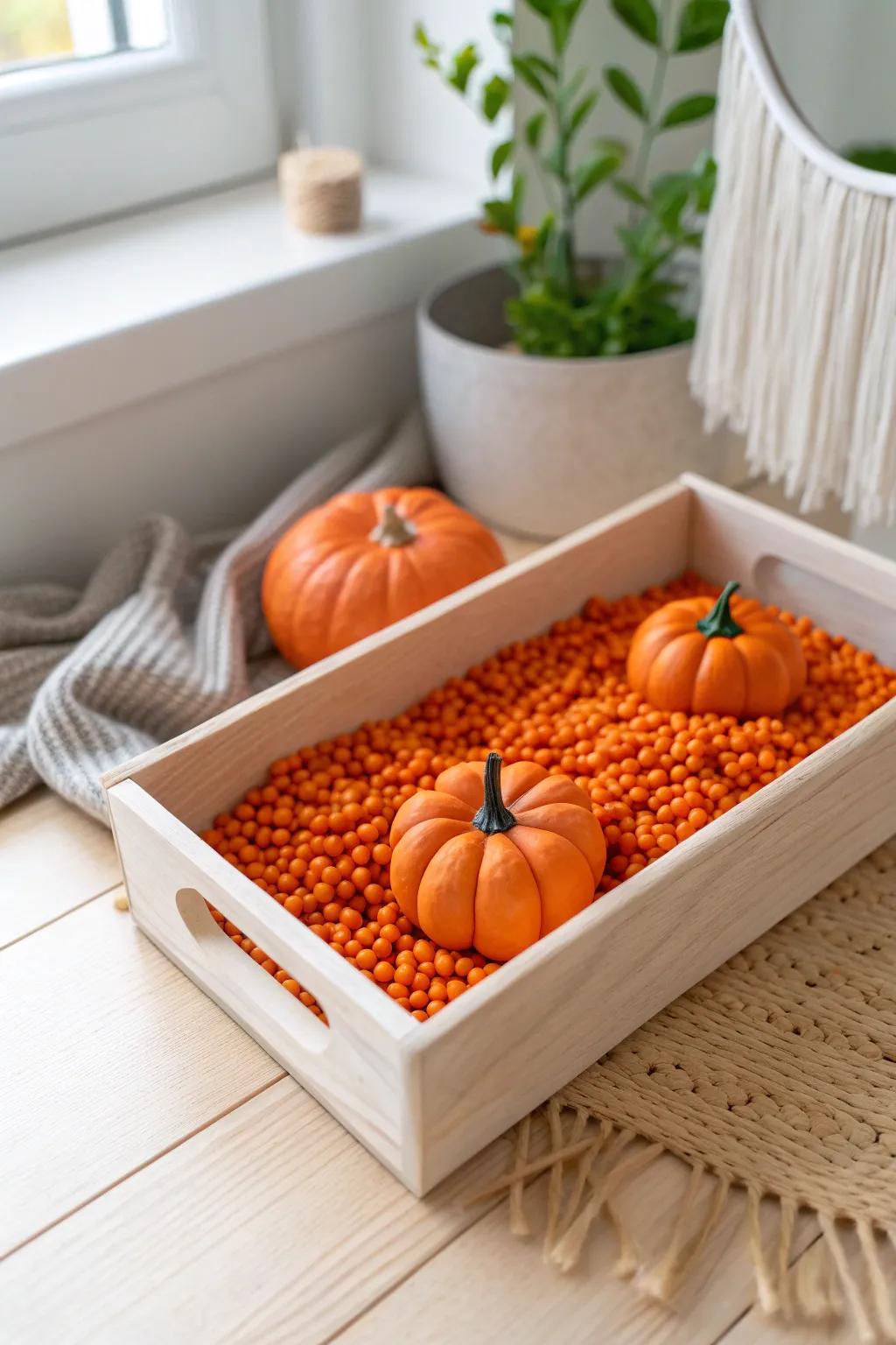Embrace the cozy warmth of fall with a simple yet stunning sensory bin that captures the essence of the season.