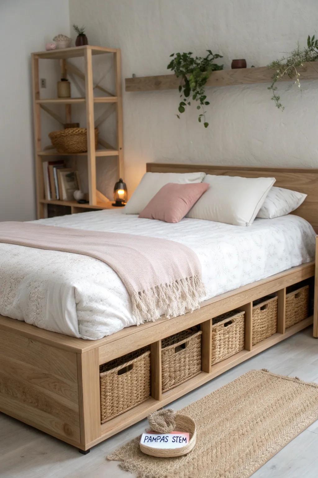 A light-oak platform bed with open cubbies and woven baskets for calm, cozy small-space storage.