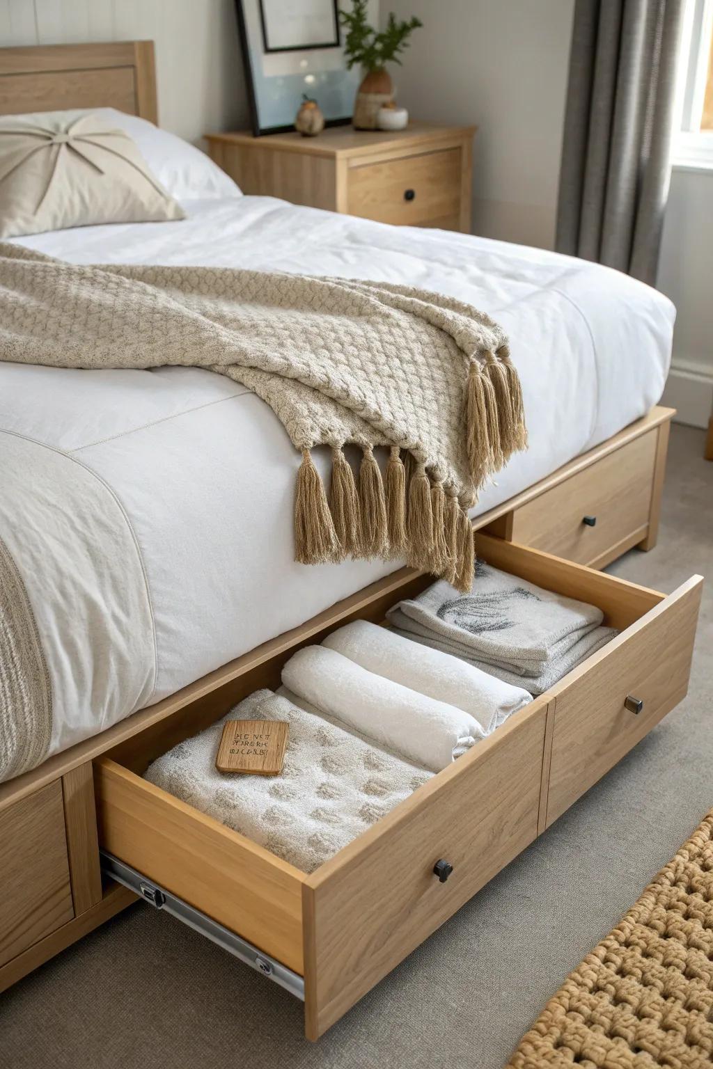 A bed frame with built-in drawers keeps extra blankets tucked away—minimal, warm, effortless.