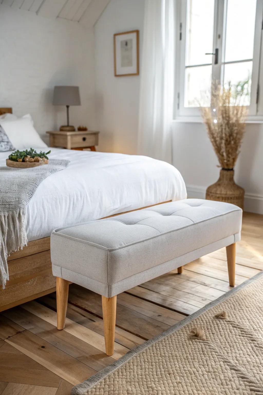 A soft gray bench adds crisp contrast to white bedding—minimal, calming, and chic.