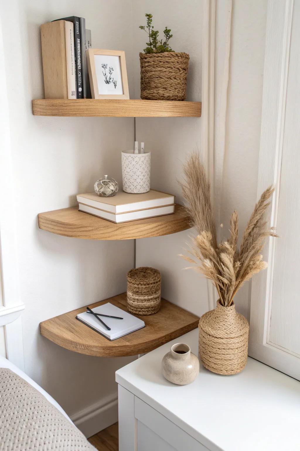 Handcrafted oak corner shelves above a tiny desk—vertical storage for a calm, feminine nook.