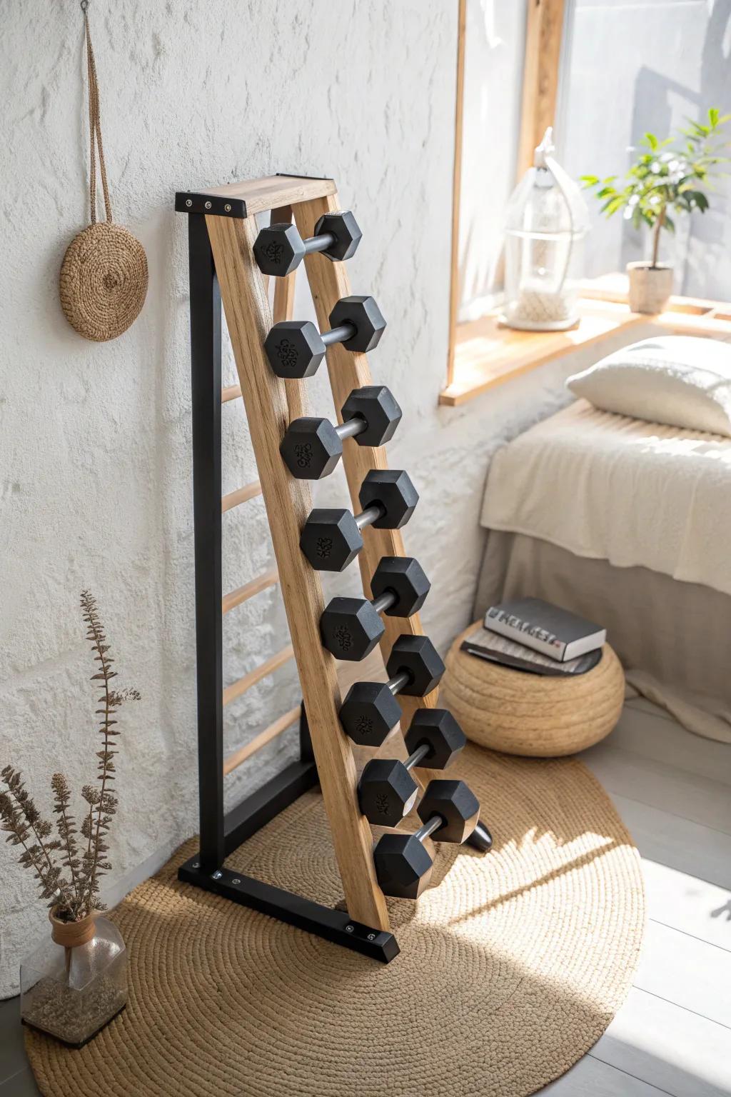 A slim dumbbell rack keeps your bedroom gym tidy, stylish, and clutter-free.