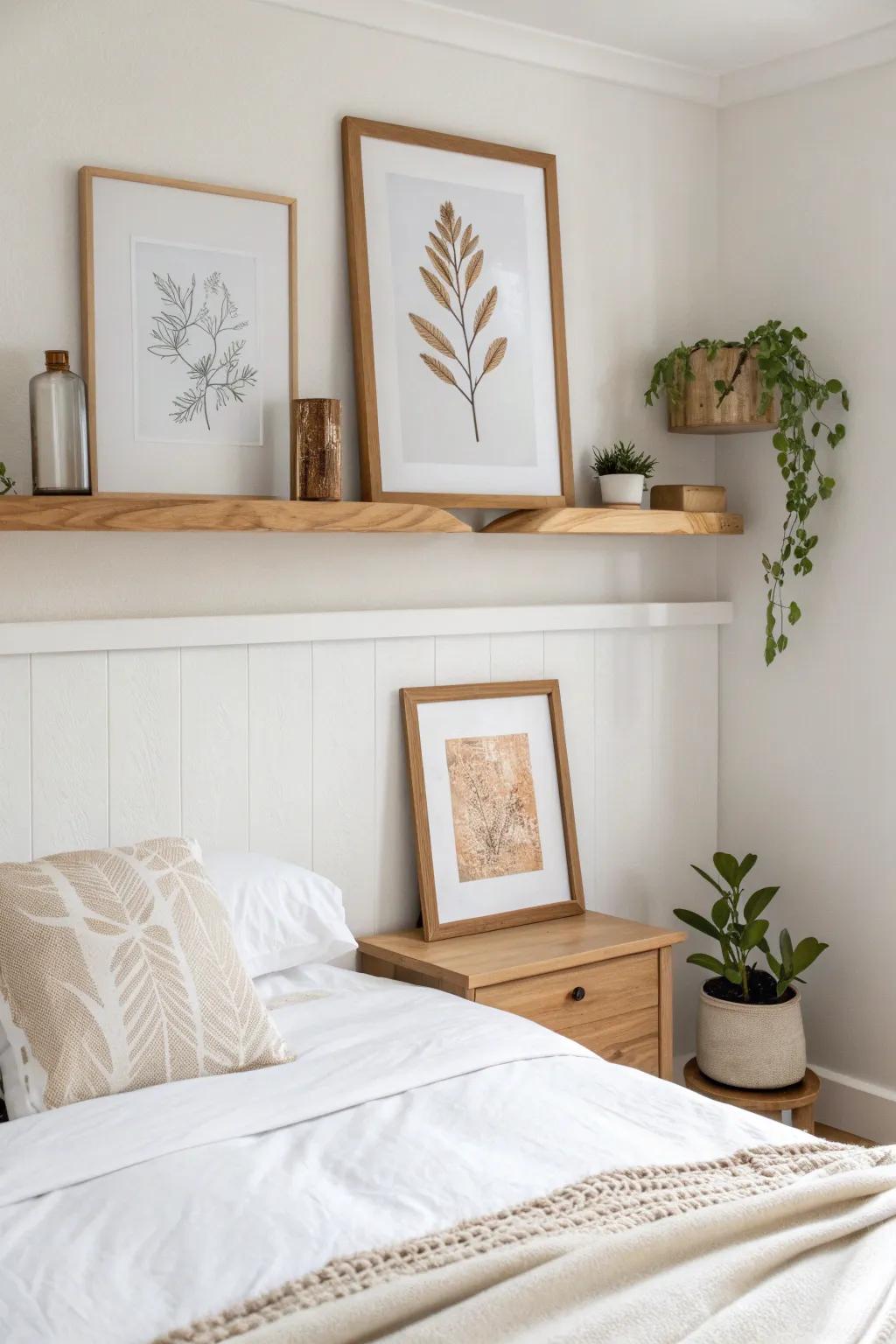 A slim picture ledge above the bed lets you layer art and swap frames anytime—no holes.