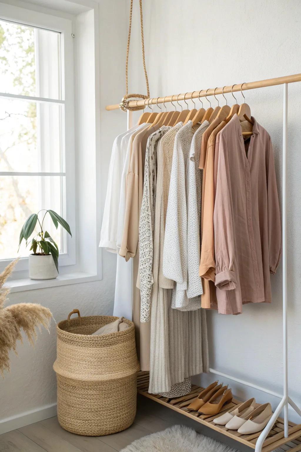 An open wardrobe that feels airy, not messy—neutral edits, matching hangers, and one woven bin.
