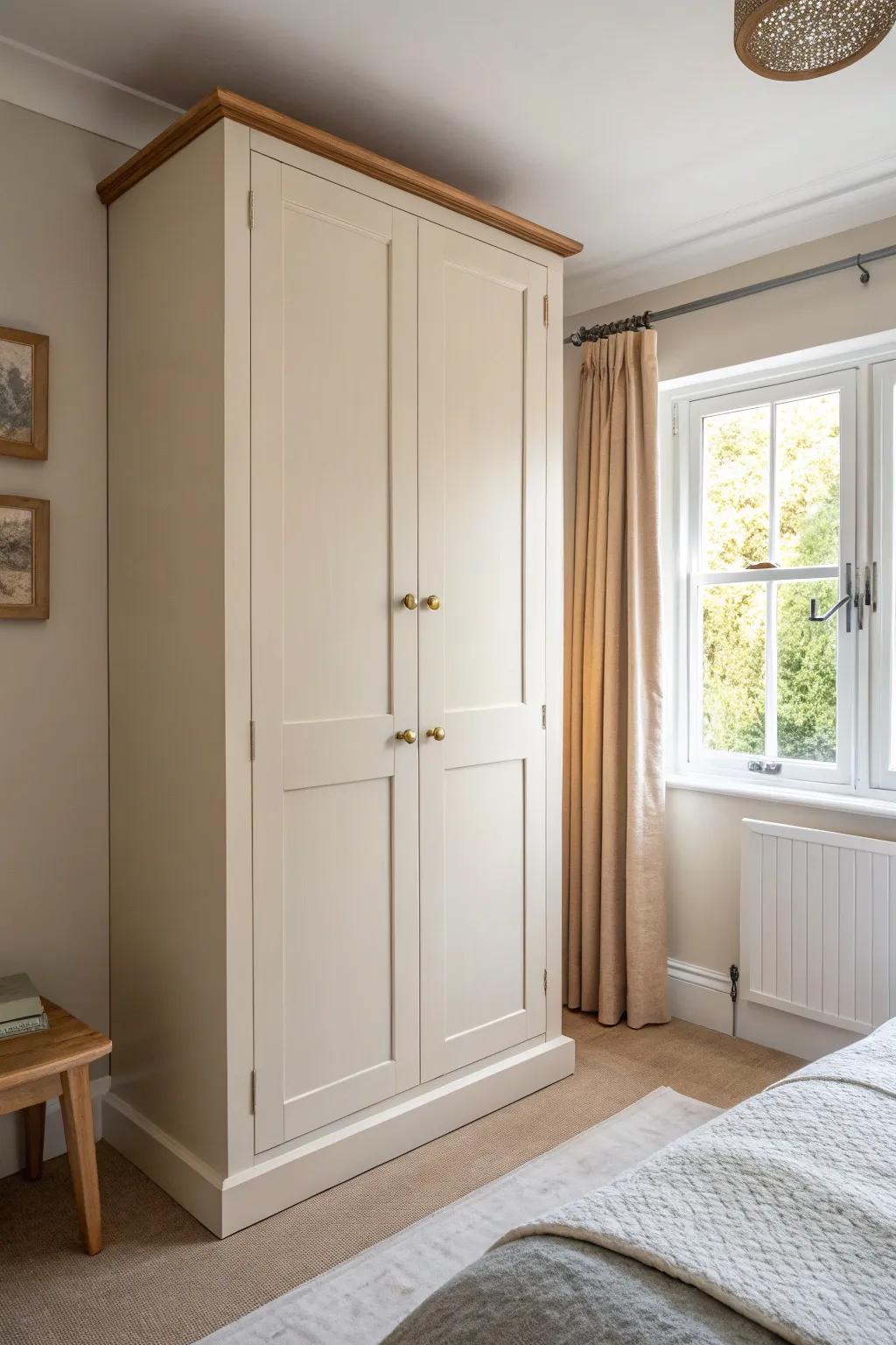 Two-tone wardrobe doors add depth—light above, deeper below for a chic, scuff-smart finish.