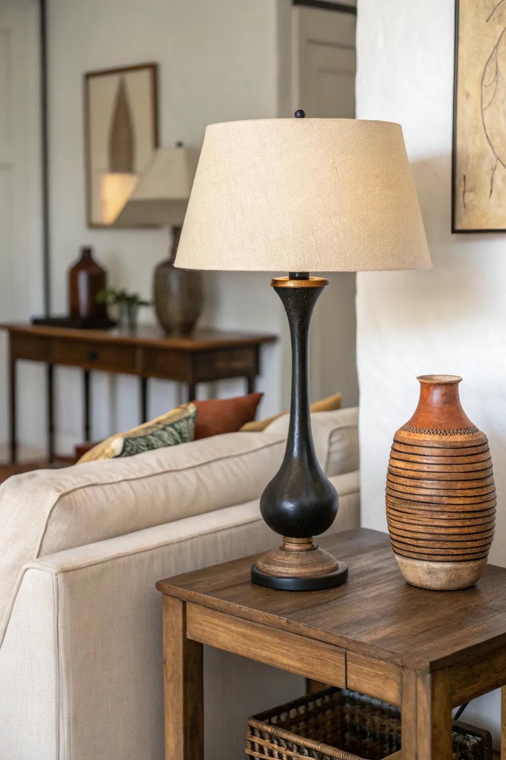 One sculptural lamp, one simple vase—easy behind-the-sofa table decor that feels designer.