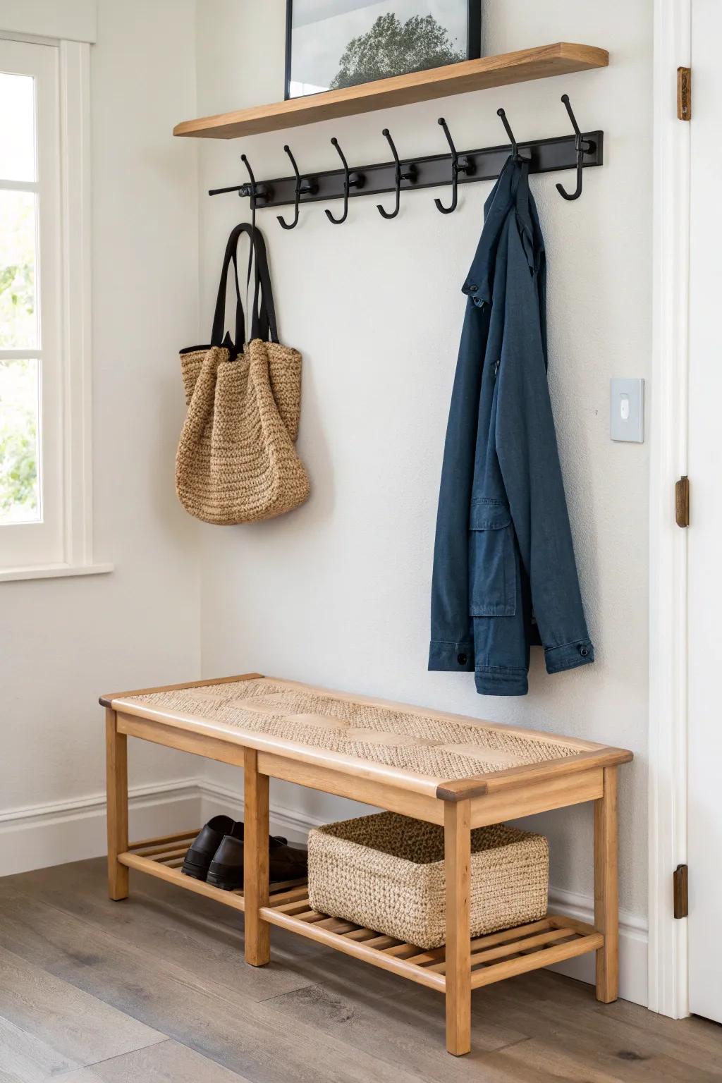 Tiny entry, big order: a handcrafted bench-and-hook combo that turns any door into a drop zone.
